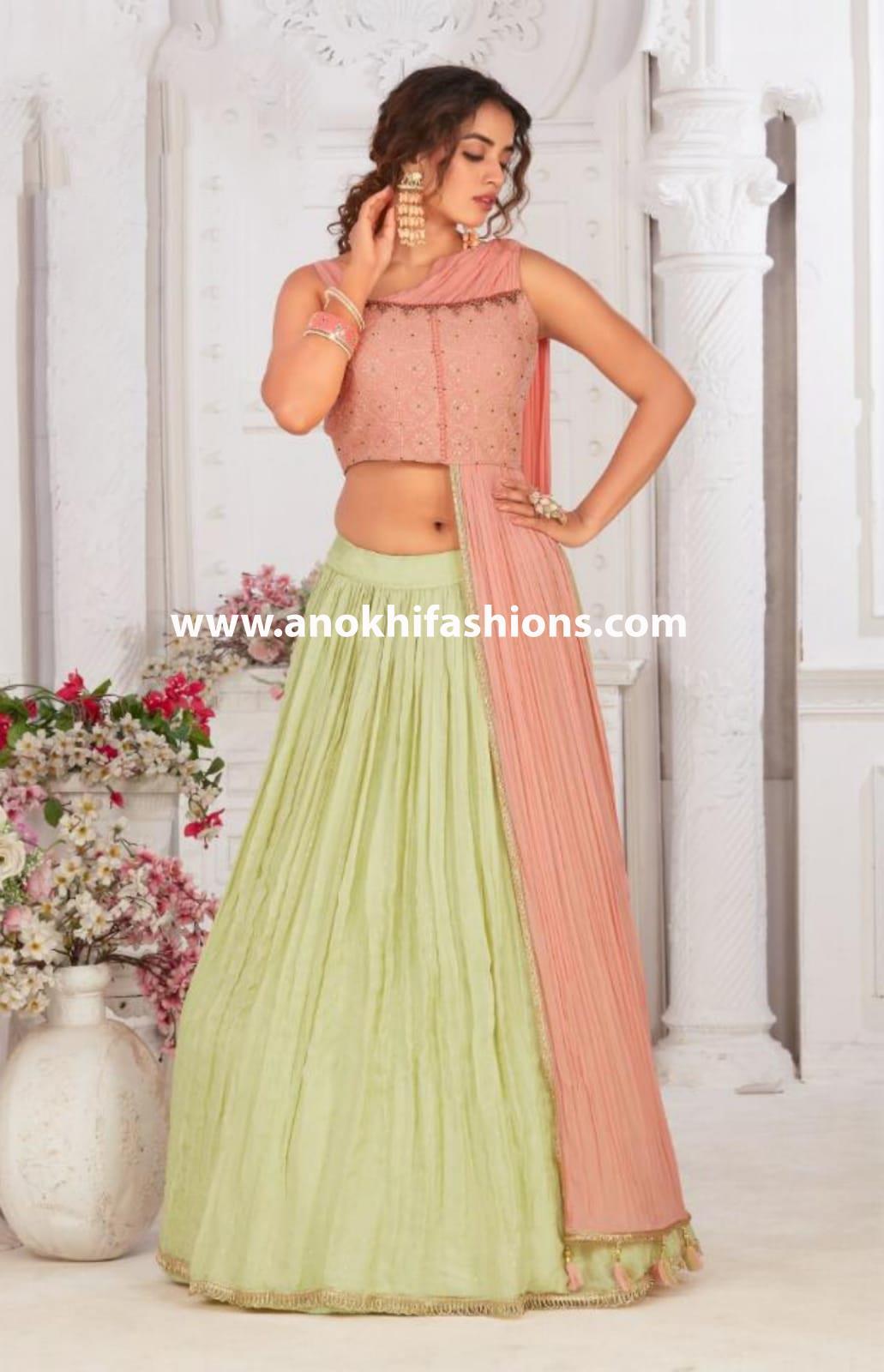 Buy NAKKASHI pista green satin lehenga paired with pink premium mono net  dupatta/pallu and matching pista green satin silk blouse at Amazon.in