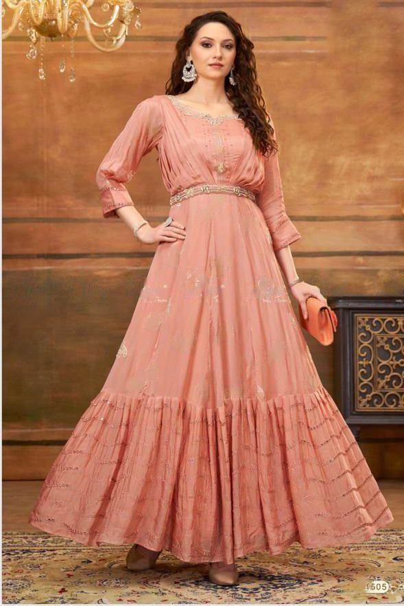DESIGNER LIGHT PINK LONG GOWN WITH GOLDEN EMBROIDERY -
