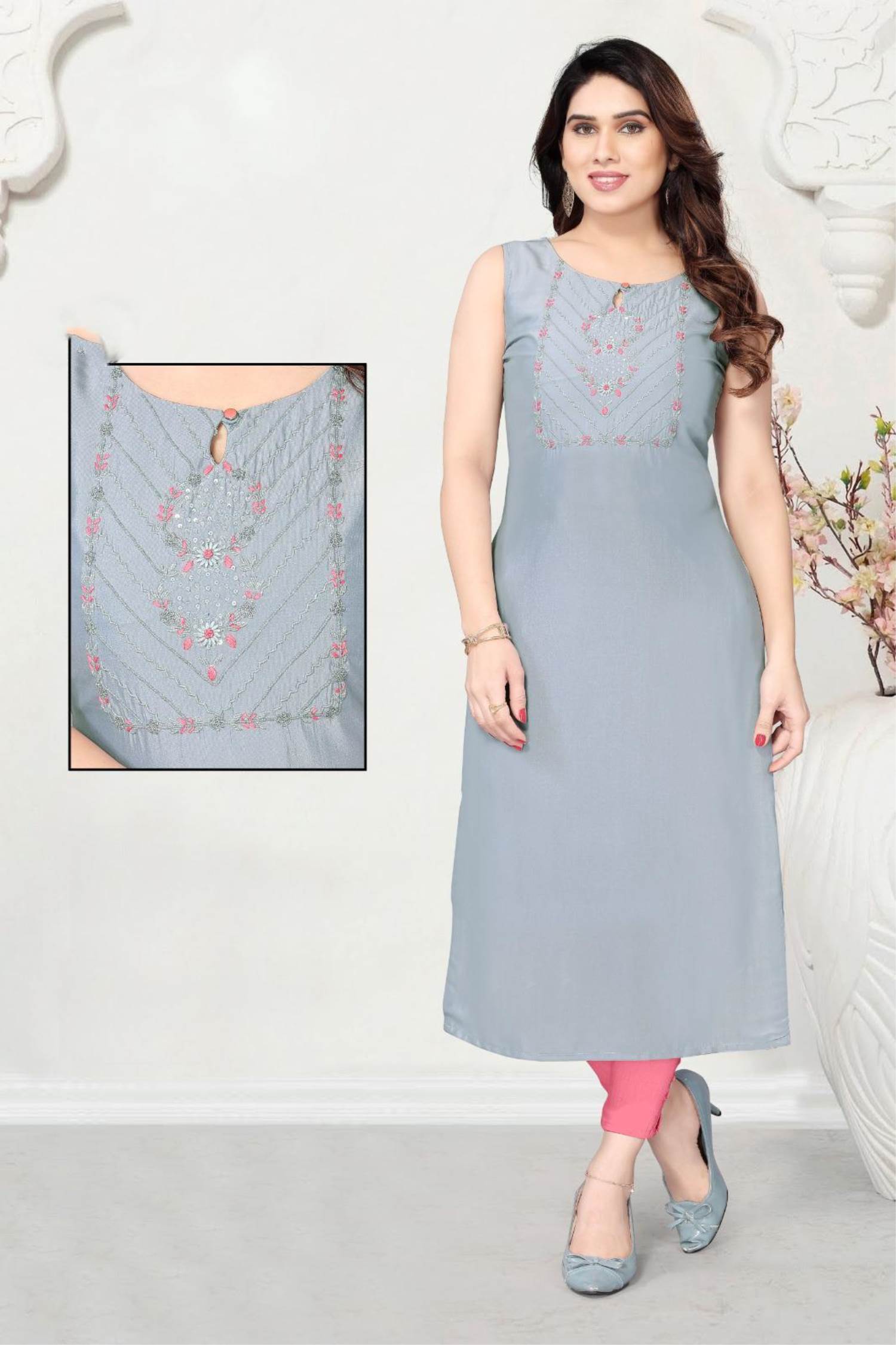 Women Grey Cotton Kurtas Buy Online at Soch Grey Cotton All-Over  Embroidered Round-Neck Straight Kurta