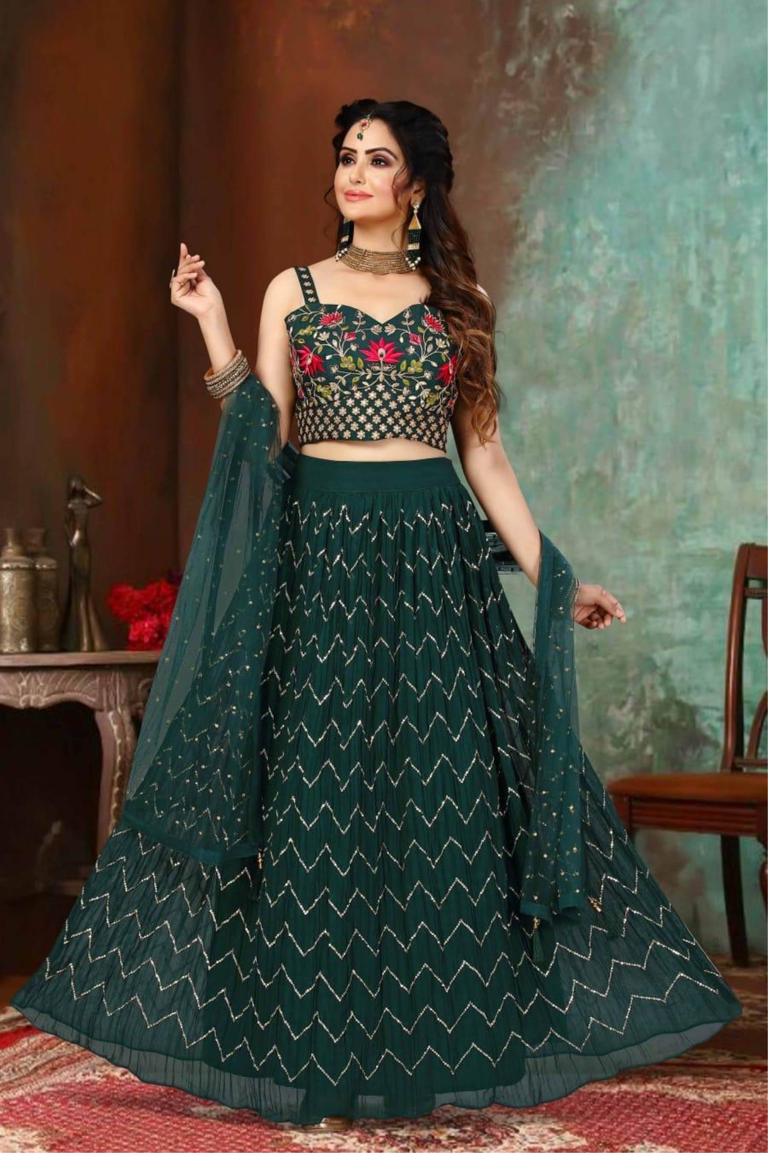 Bottle Green Color Party Wear Designer Lehenga Choli :: ANOKHI FASHION