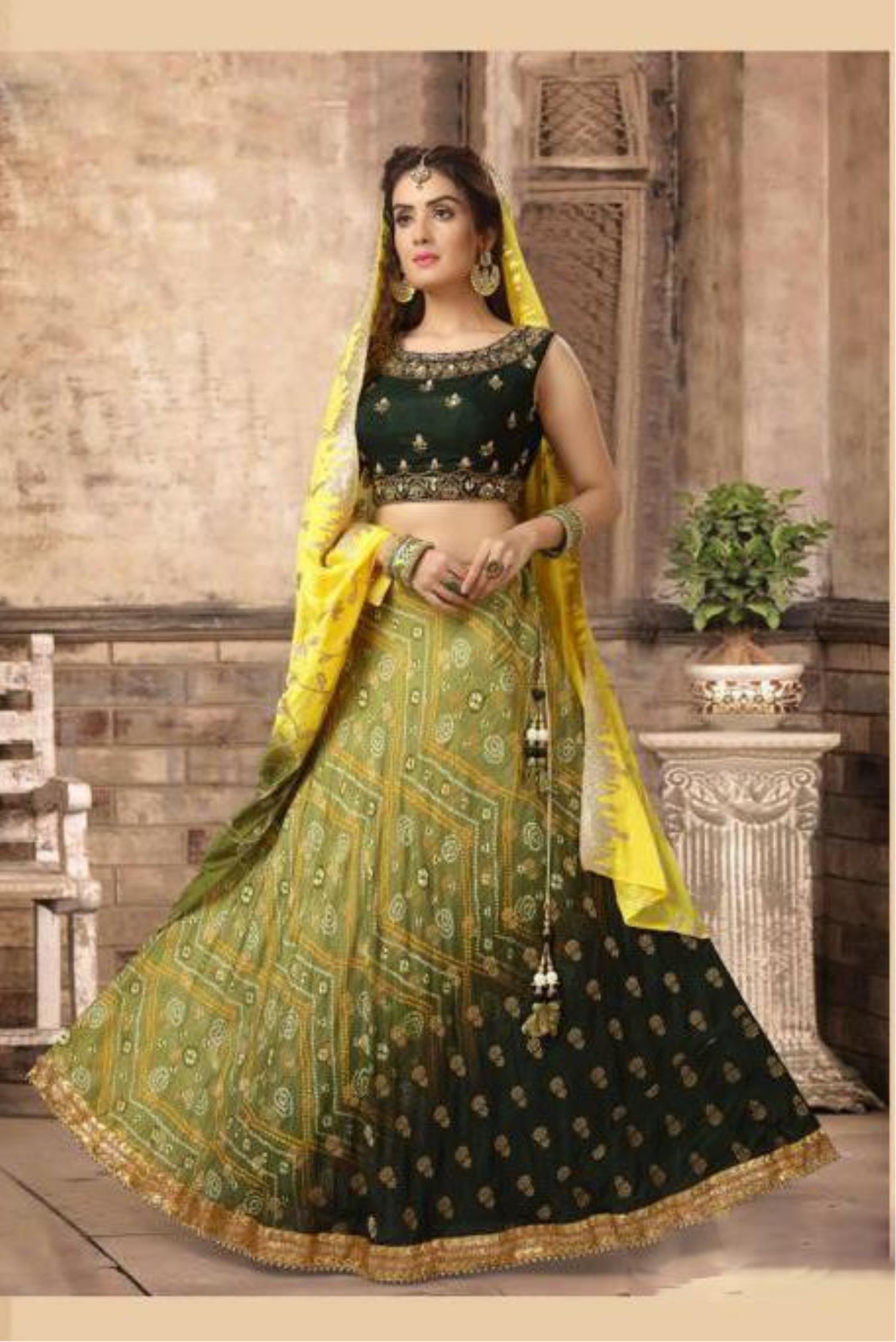 Luxuriant Sequence Embroidery Work Green with Pink Lehenga C