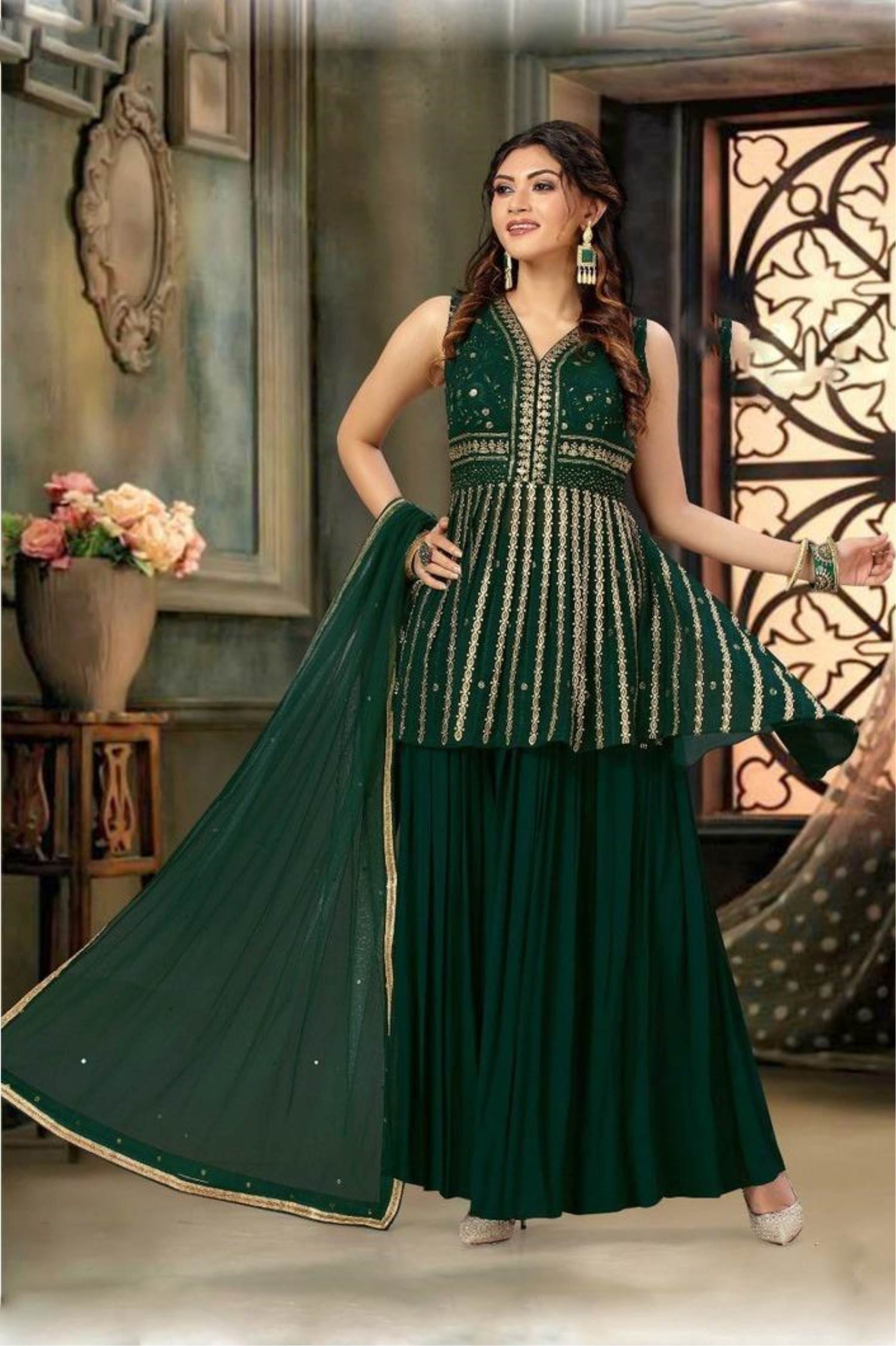 Buy Wedding Wear Dark Green Thread Work Georgette Indo Western Online From  Surat Wholesale Shop.