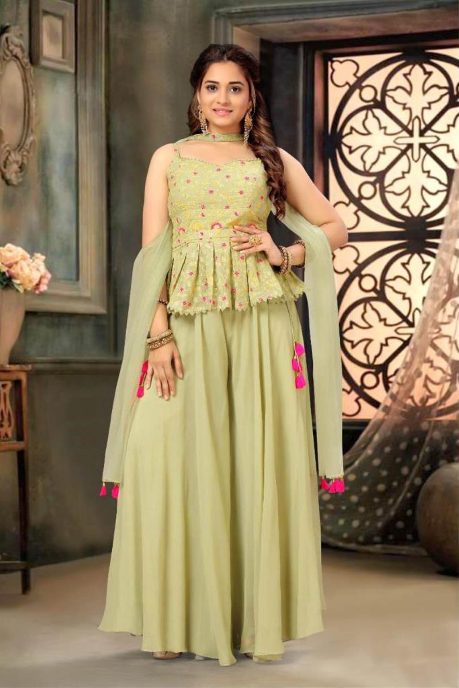 Charming Look Dark Pink Color Georgette Base Designer Palazzo Suit Wit –  Fabvilla