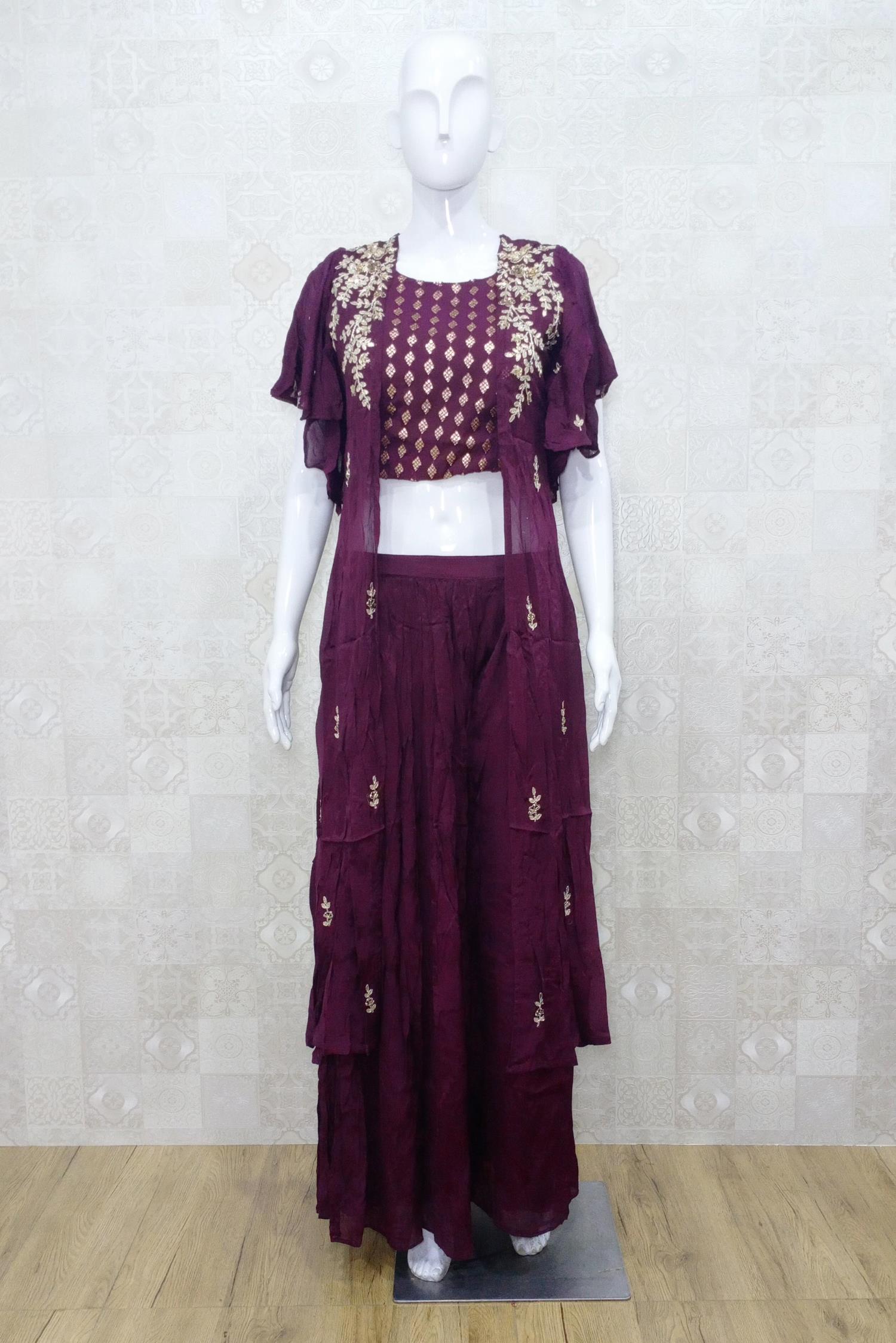 Wine Color Party Wear Fancy Plazo Suit With Koti :: ANOKHI FASHION