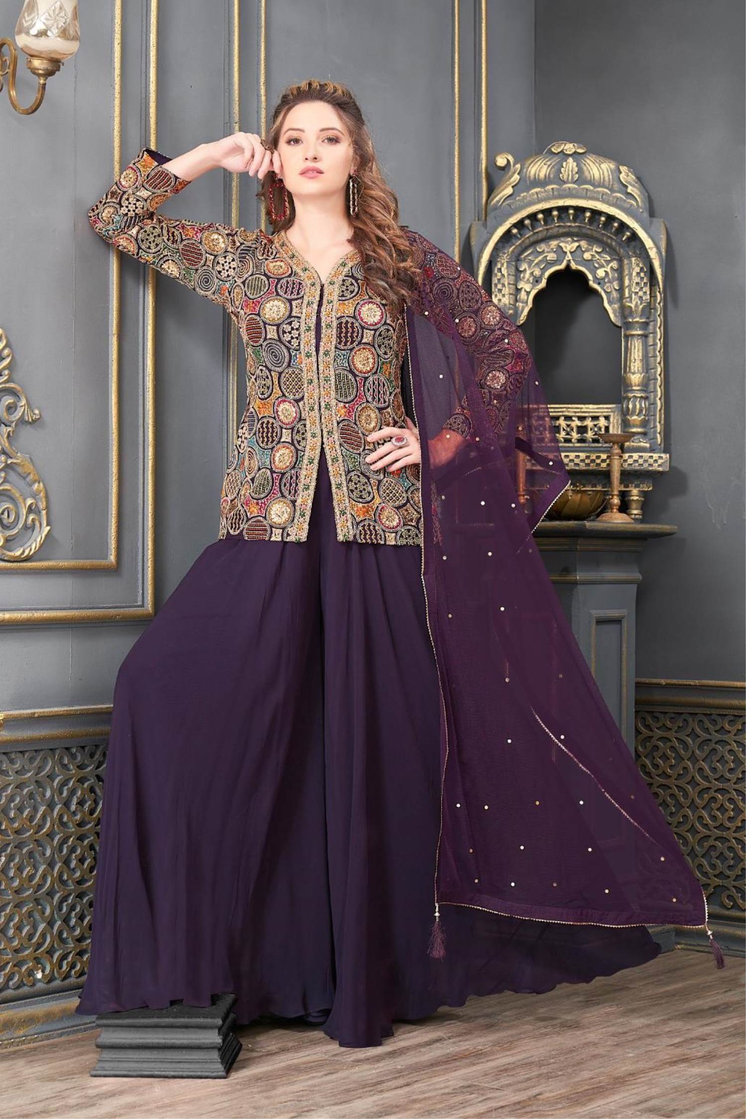 Wine Straight Suit With Contrast Dupatta
