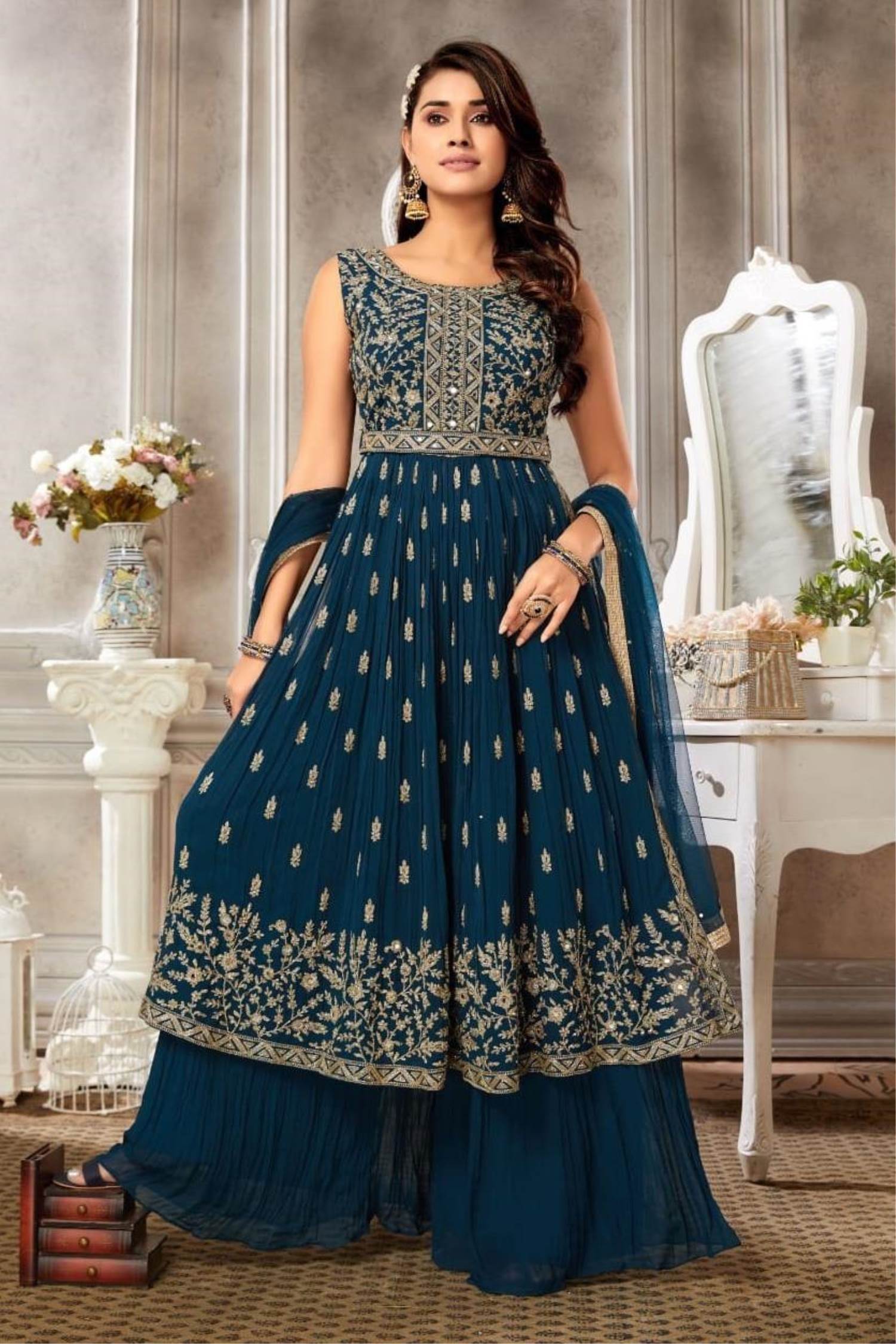 Magnificent Peacock Blue Color Heavy Fox Georgette & Cording Work Anarkali  Suit