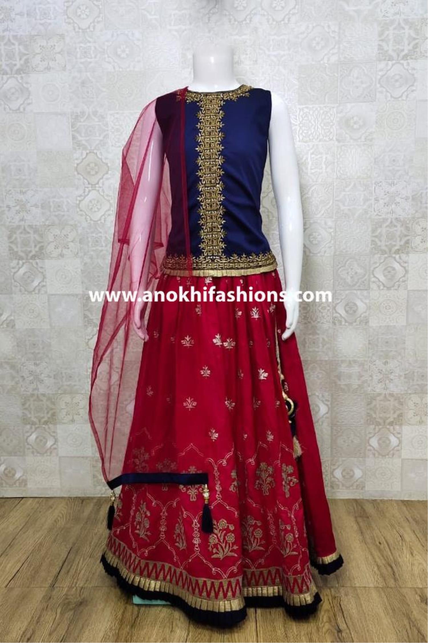 Women RED & GREEN Soft Silk Lehenga with Allover Ikkat & Flower Design