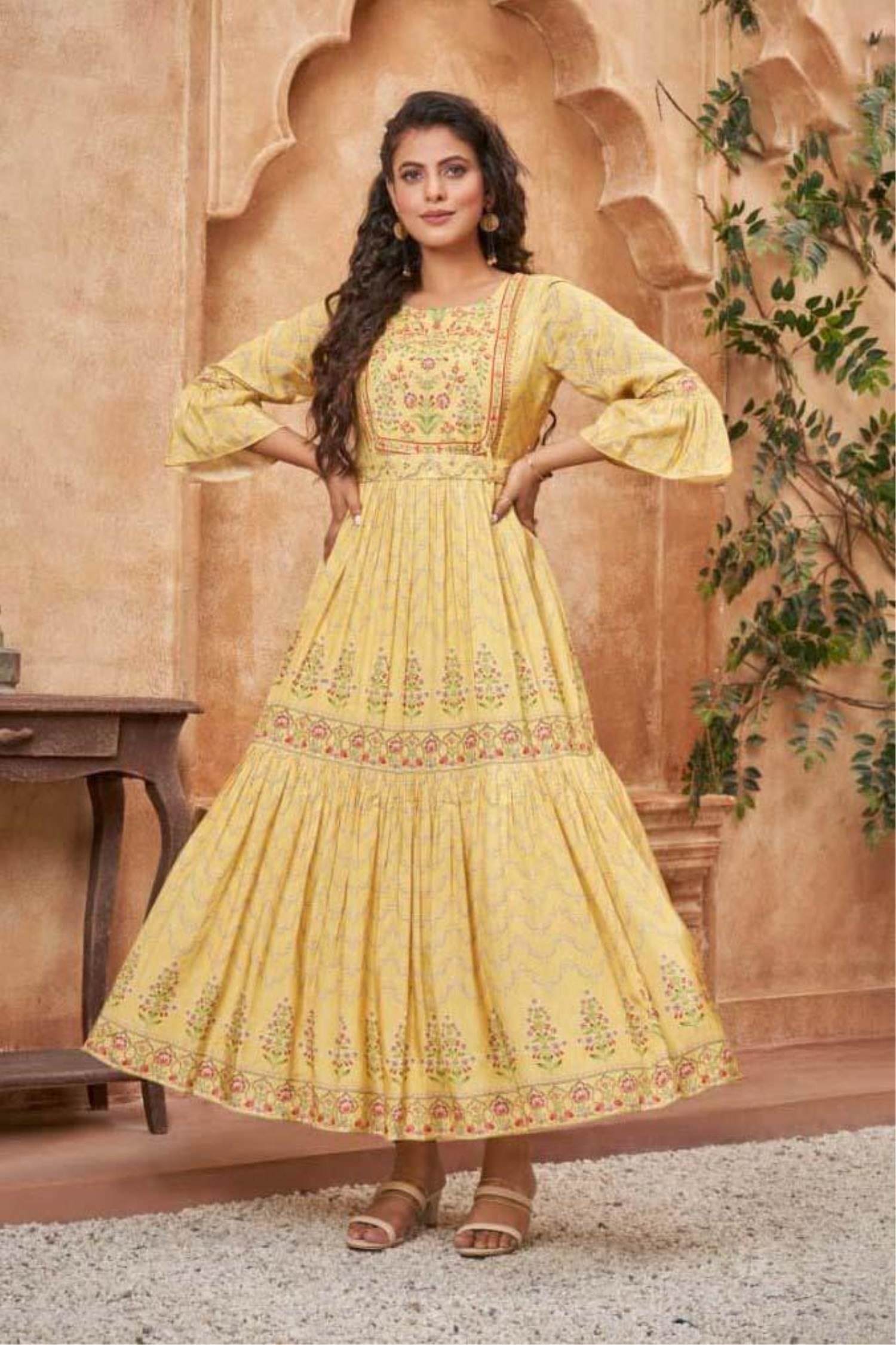 Gown : Yellow georgette printed gown