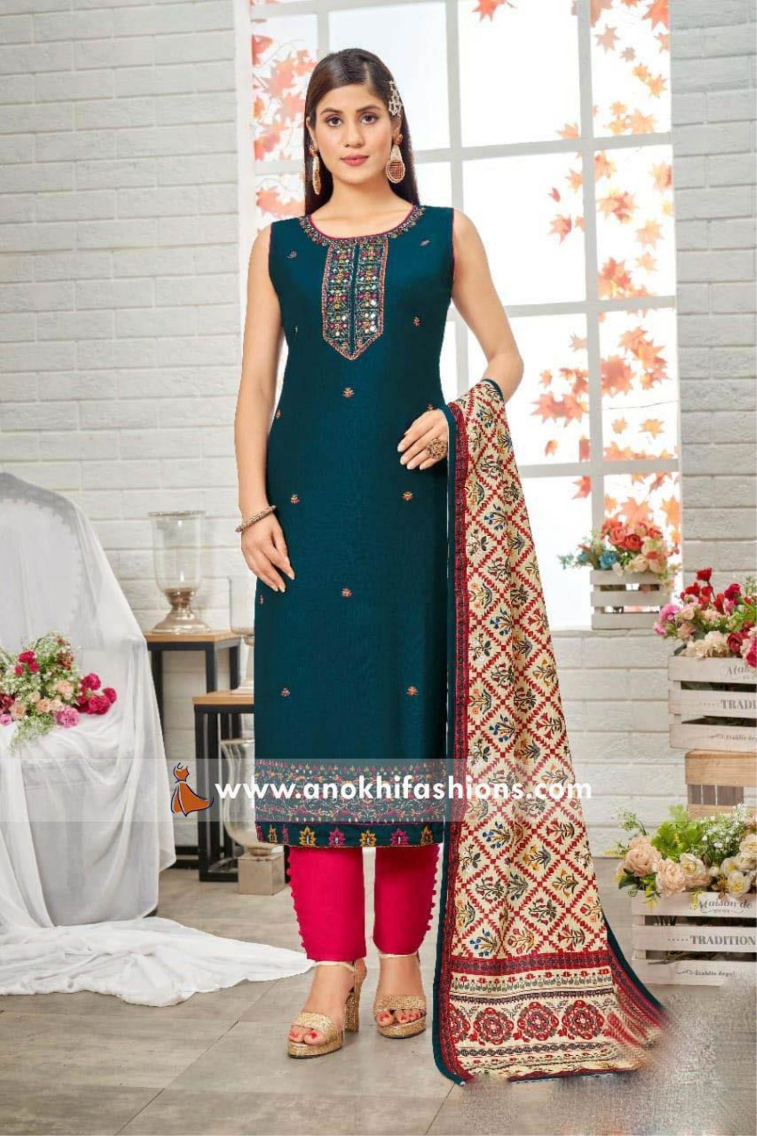 Buy Designer Sarees, Salwar Kameez, Kurtis & Tunic and Lehenga Choli.Grand  Silk Peacock Blue Straight Cut Salwar Kameez