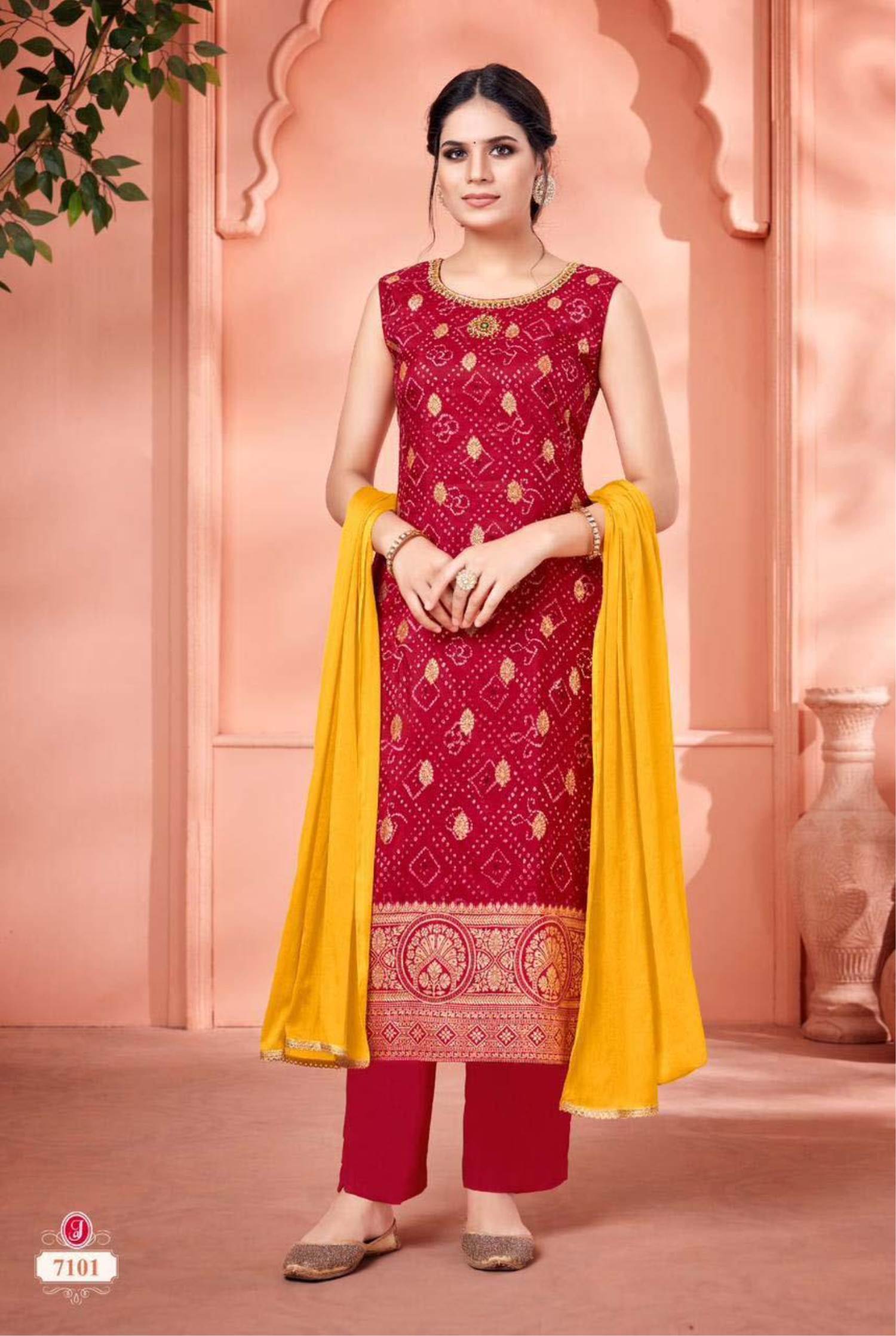 YELLOW WITH RED - PARTY WEAR GOWN WITH NECK LINE HAND WORK & DUPATTA