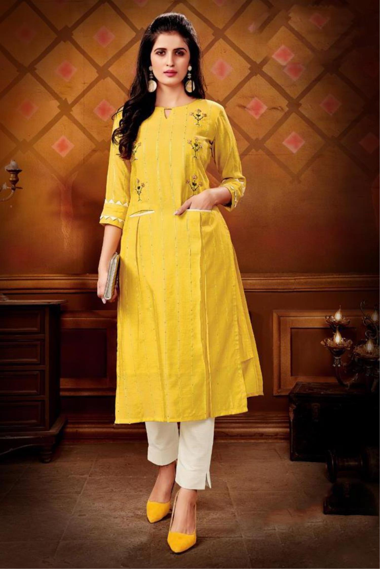 Mustard Yellow Party Wear Embroidered Cotton Kurti Pant Set With Dupatta