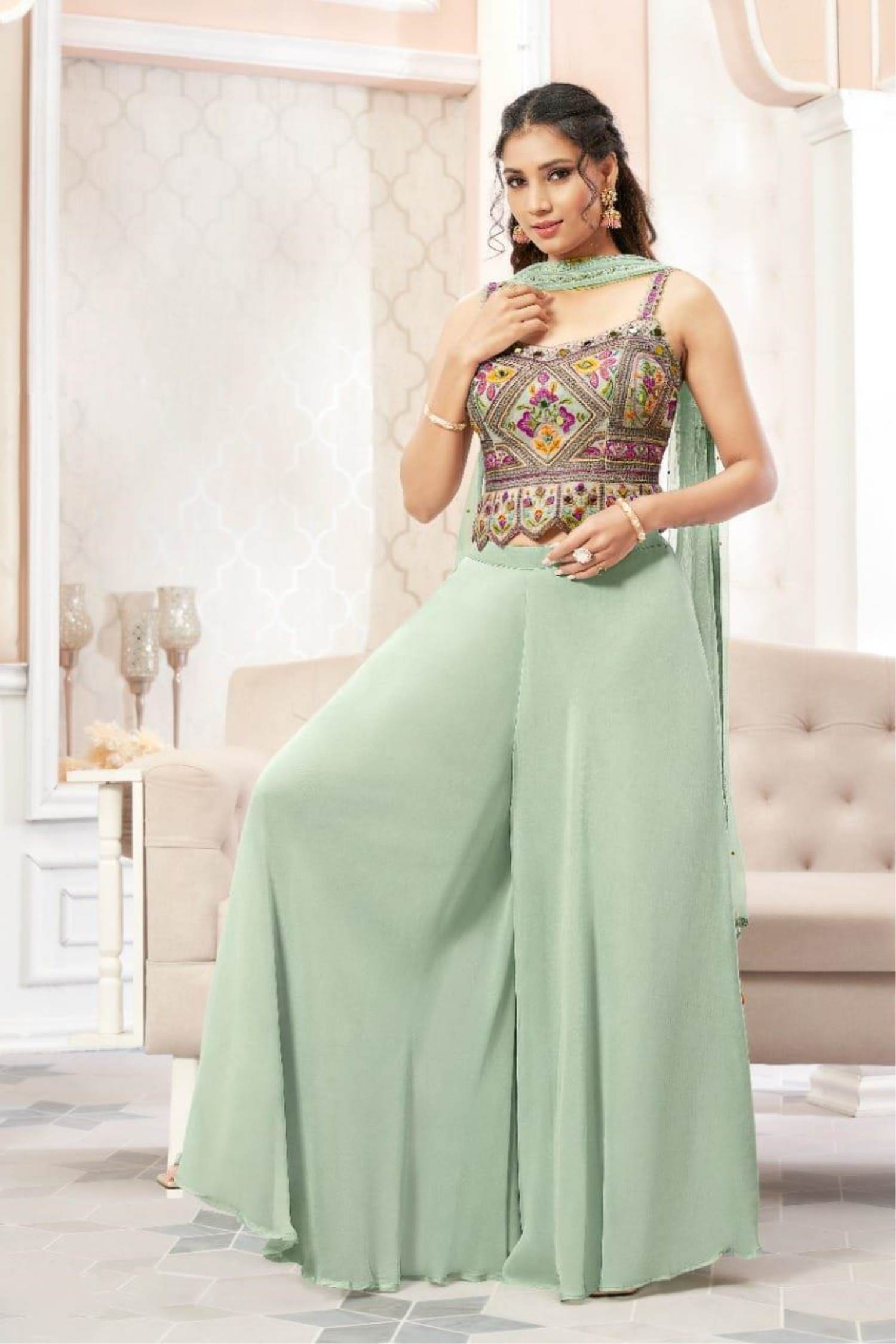 Pista Green Partywear Floral Embroidered Georgette Palazzo Suit With Dupatta