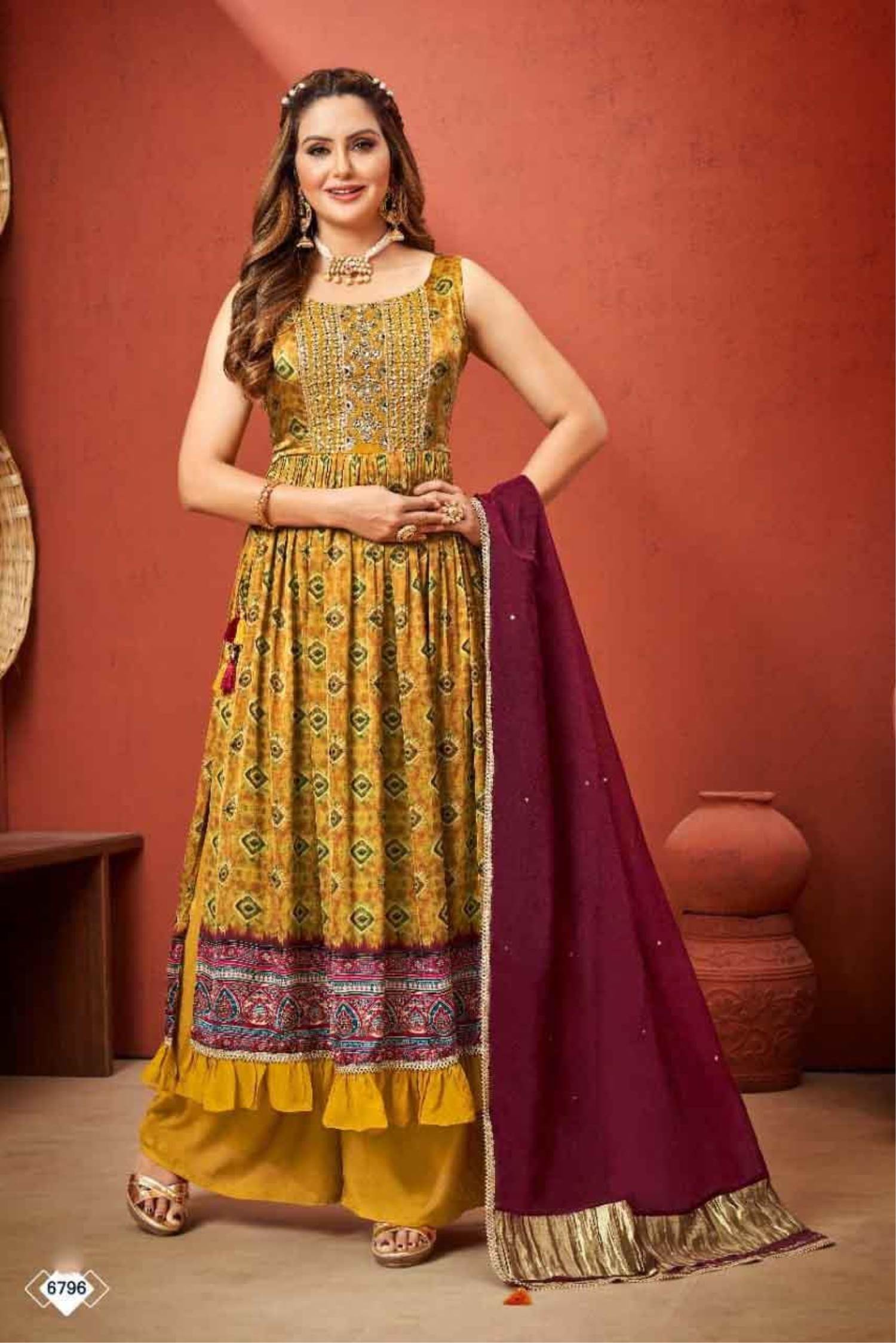 party wear silk plazo suit