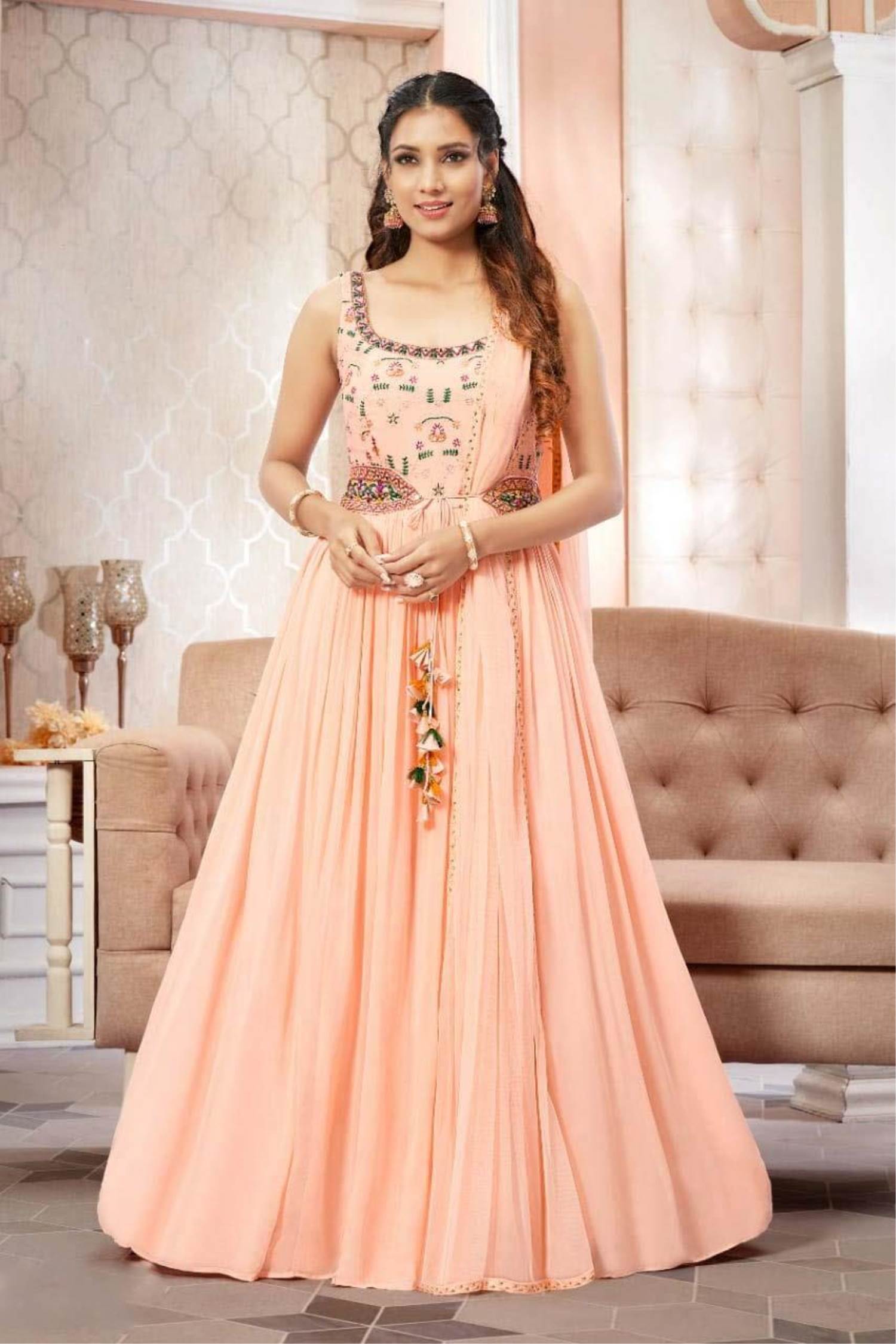 Exclusive Embroidery Work Peach Color Gown With Dupatta - Cl