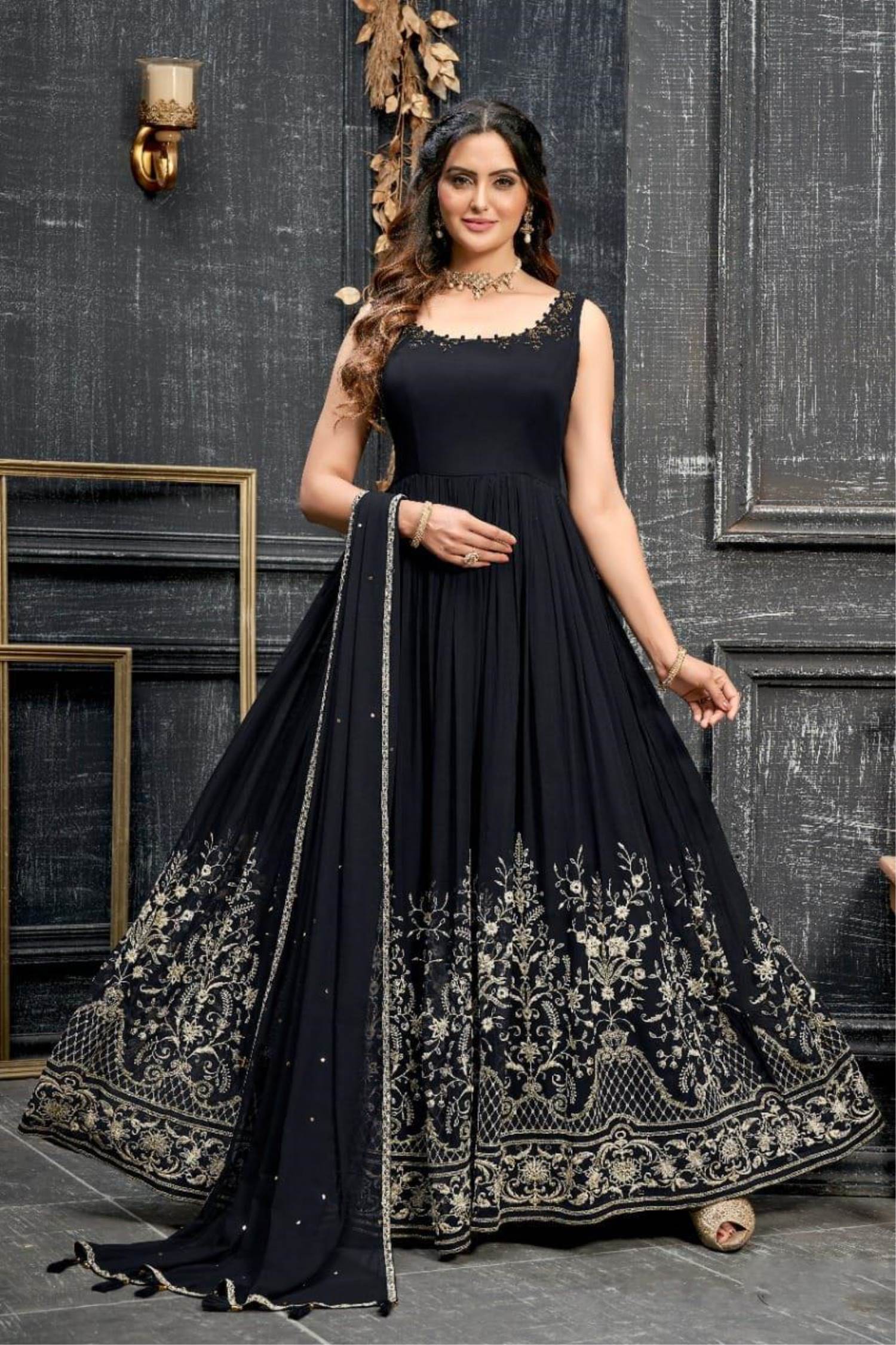 Beauteous Party Wear Look Faux Georgette Black Color Gown