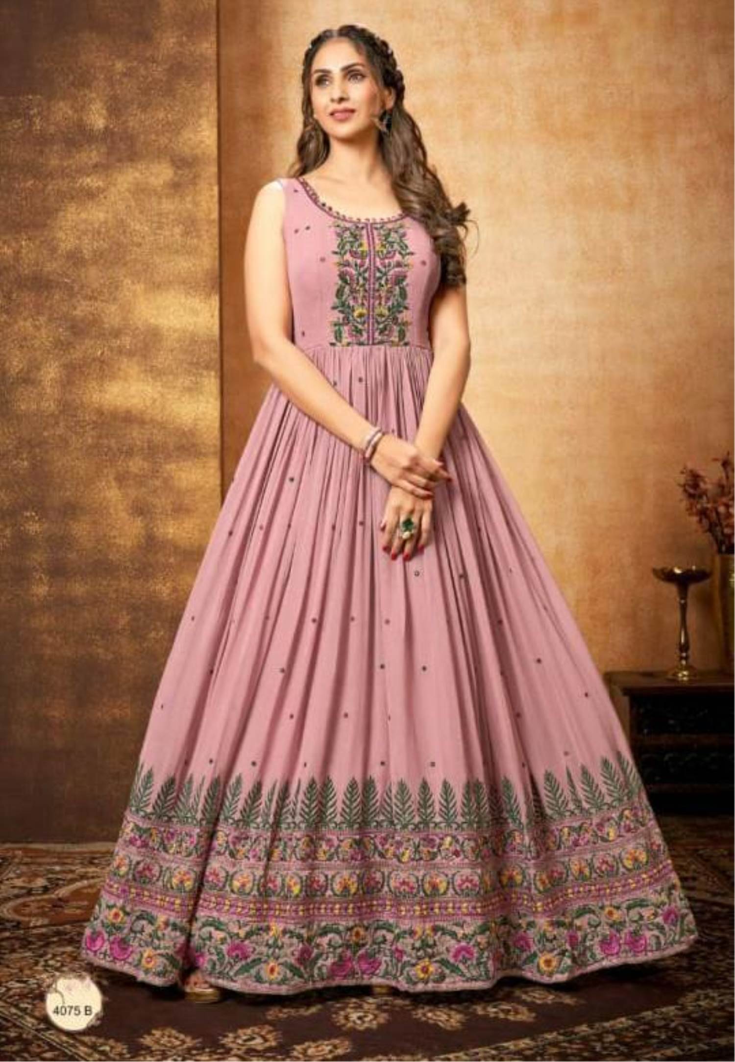 Buy Onion Pink Bridal Gown With Feathered Sleeves And Heavy Embroidery