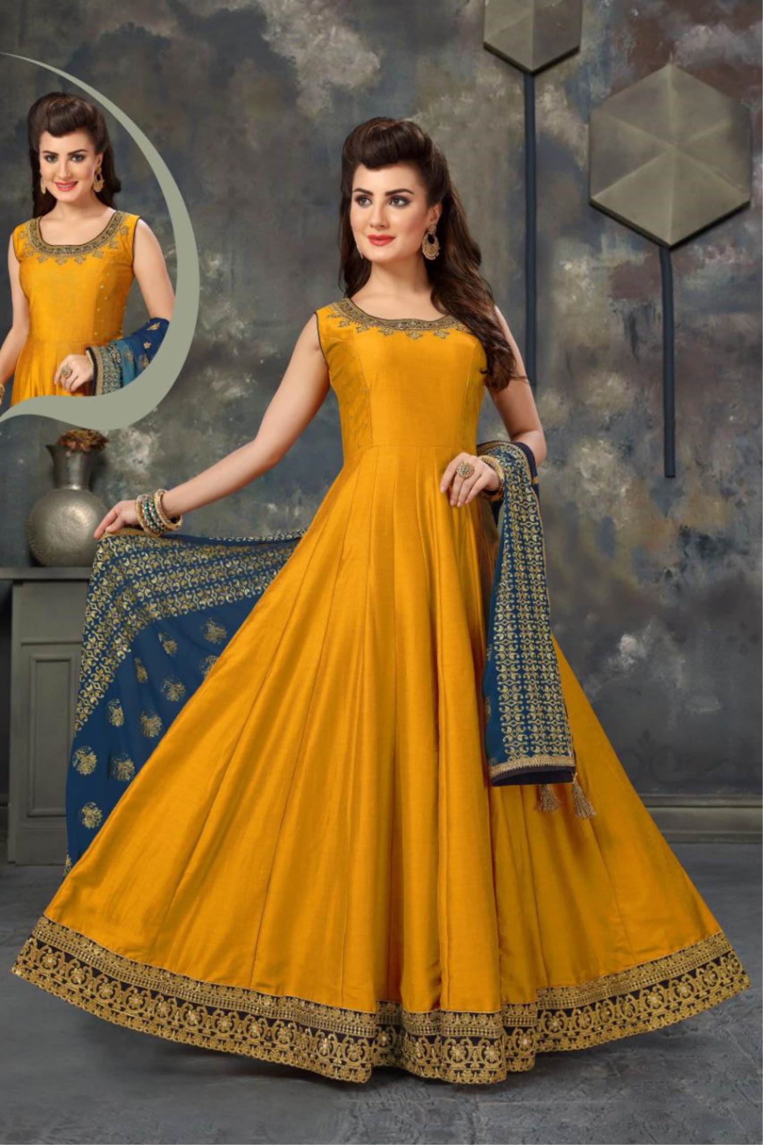 Shop Mustard Yellow Embroidered Haldi Function Gown From ethnic Plus