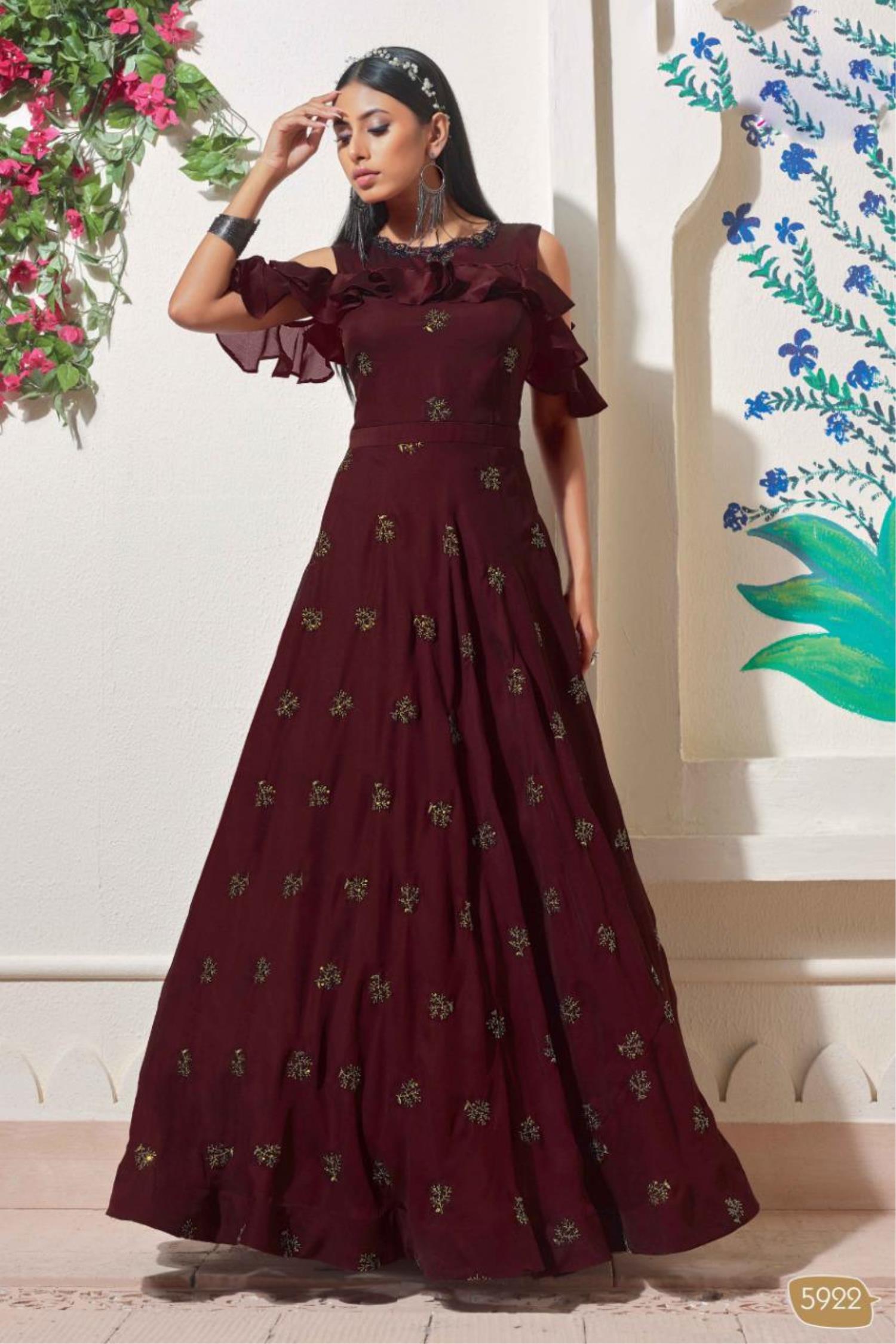 Buy Maroon Gown Crepe Embroidery Cutdana Gown Bead Draped With Cape For  Women by Khwaab by Sanjana Lakhani Online at Aza Fashions.