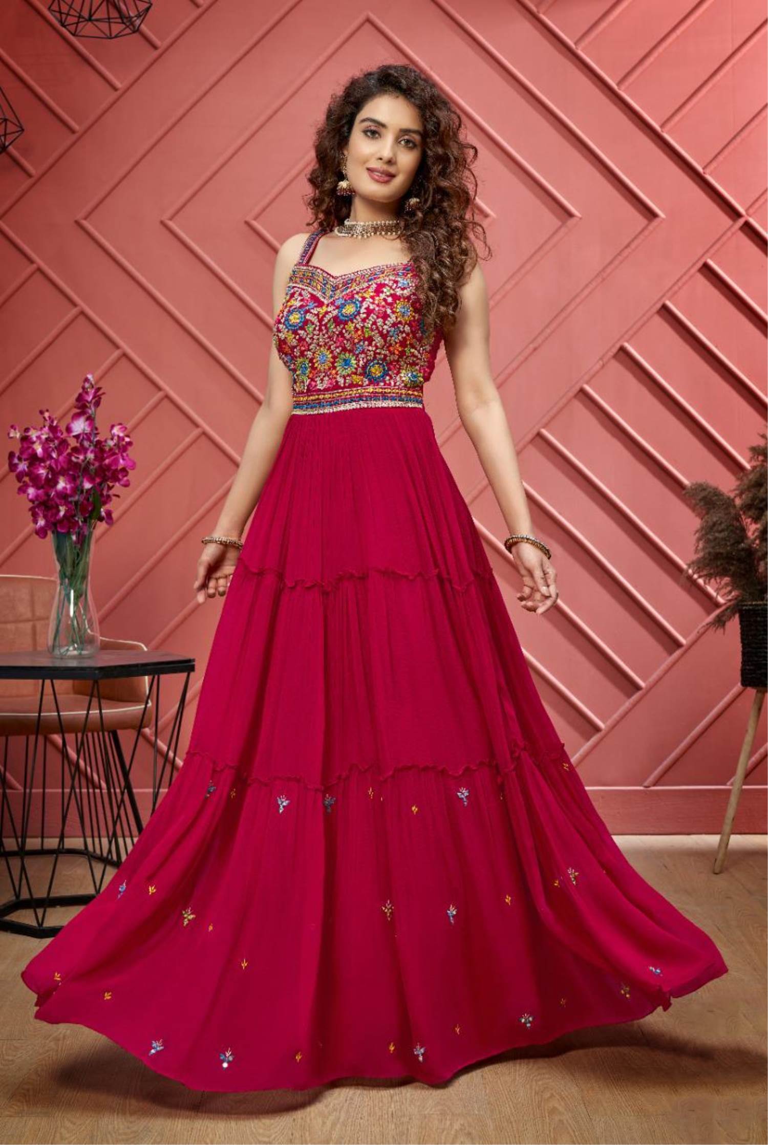 Rani Pink Georgette Gown: Ready-Made Elegance – FOURMATCHING