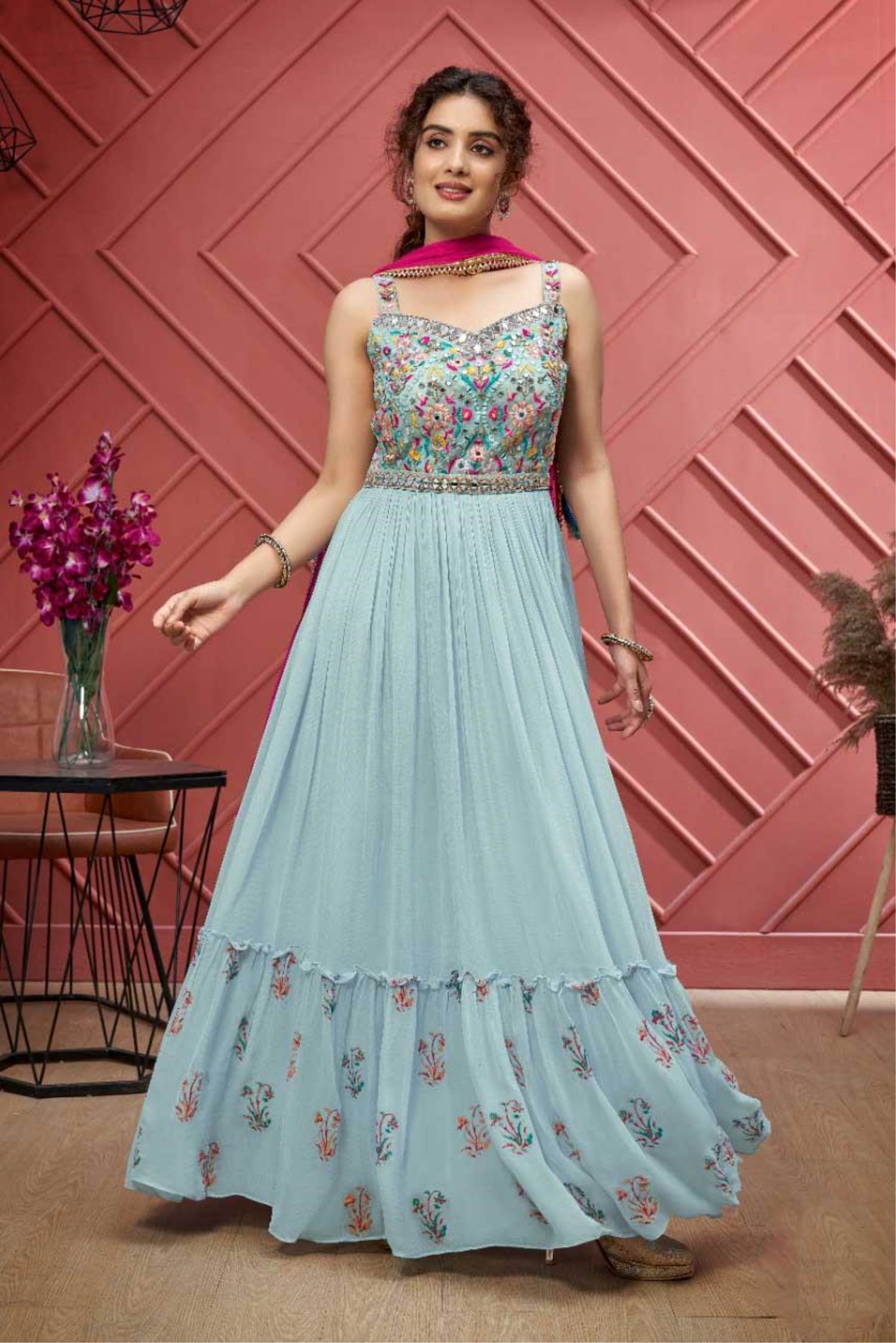 Sky Blue Ladies Mirror Work Net Gown, Sleeveless at Rs 2295 in Ludhiana