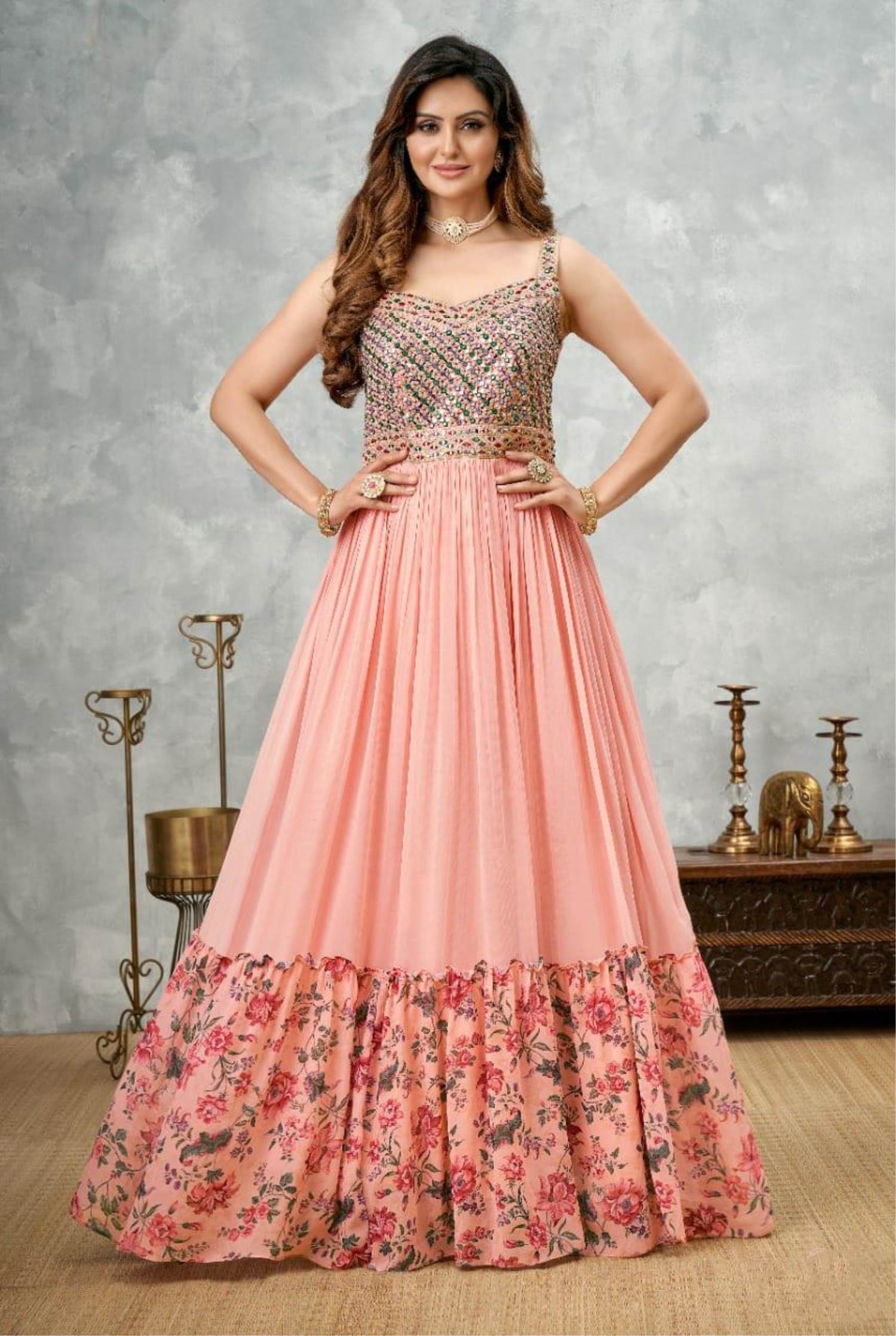 Peach Ruffle Layered Ball Gown Prom Dresses Long Sleeve Quince Dress 6 –  Viniodress