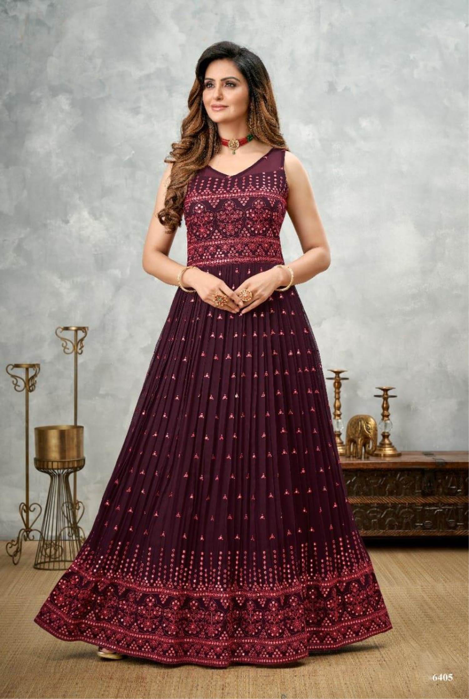 Maroon Gown Style Dress (D1018) - Palkhi Inc