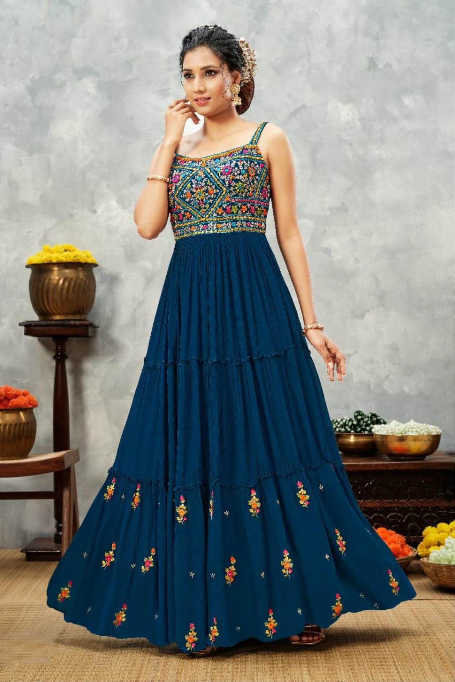 Peacock blue pleated dress with raw silk embroidered yoke – Issa Studio