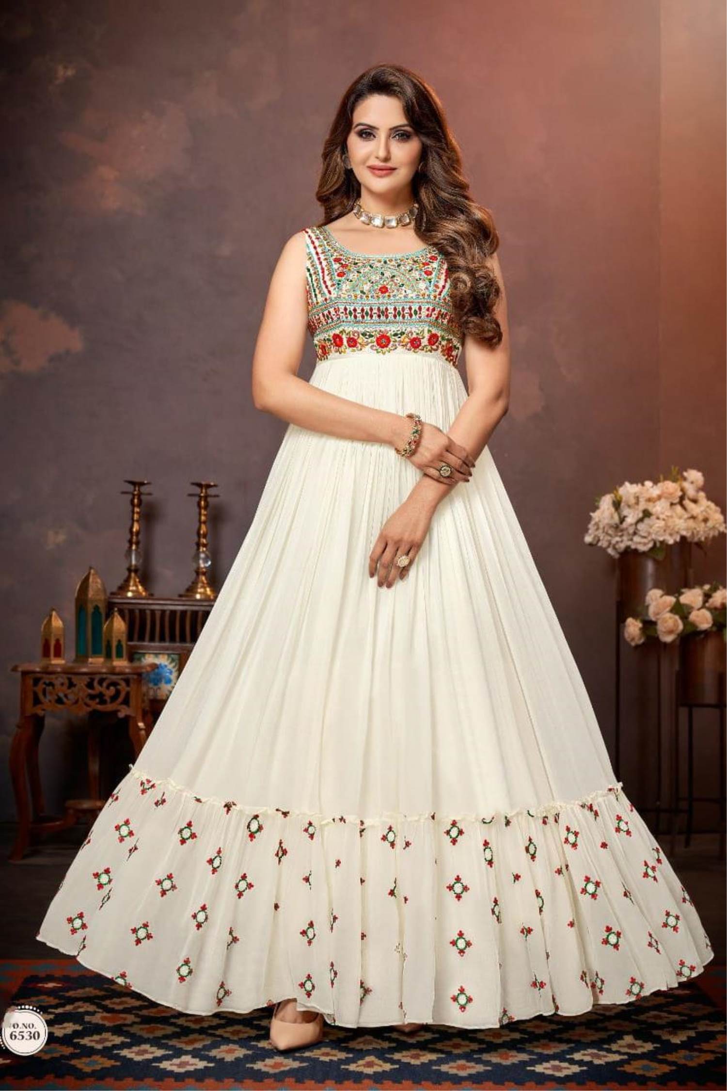 Cream Color Silk Georgette Party Wear Gown With Front And Back Embroidered
