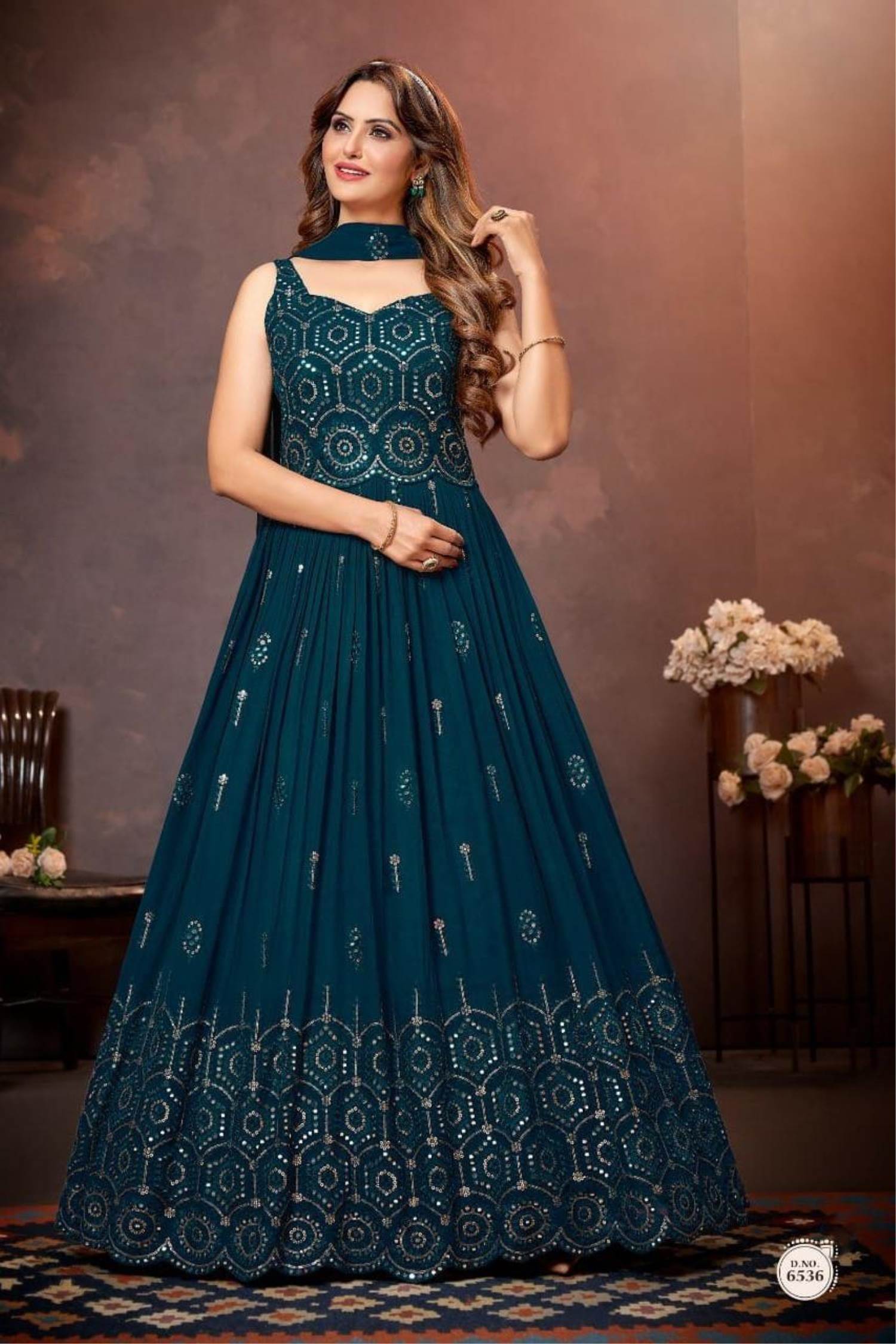 Navy Blue Color Glorious Gown With Dupatta In Georgette Fabric