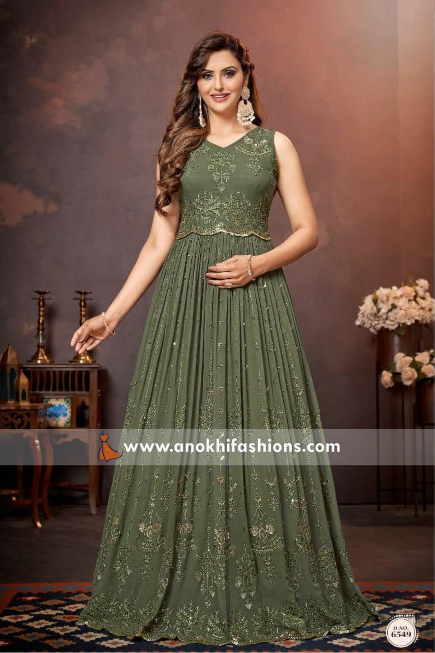 deep green pure georgette designer gown with dupatta online fabgo20189  fabanza