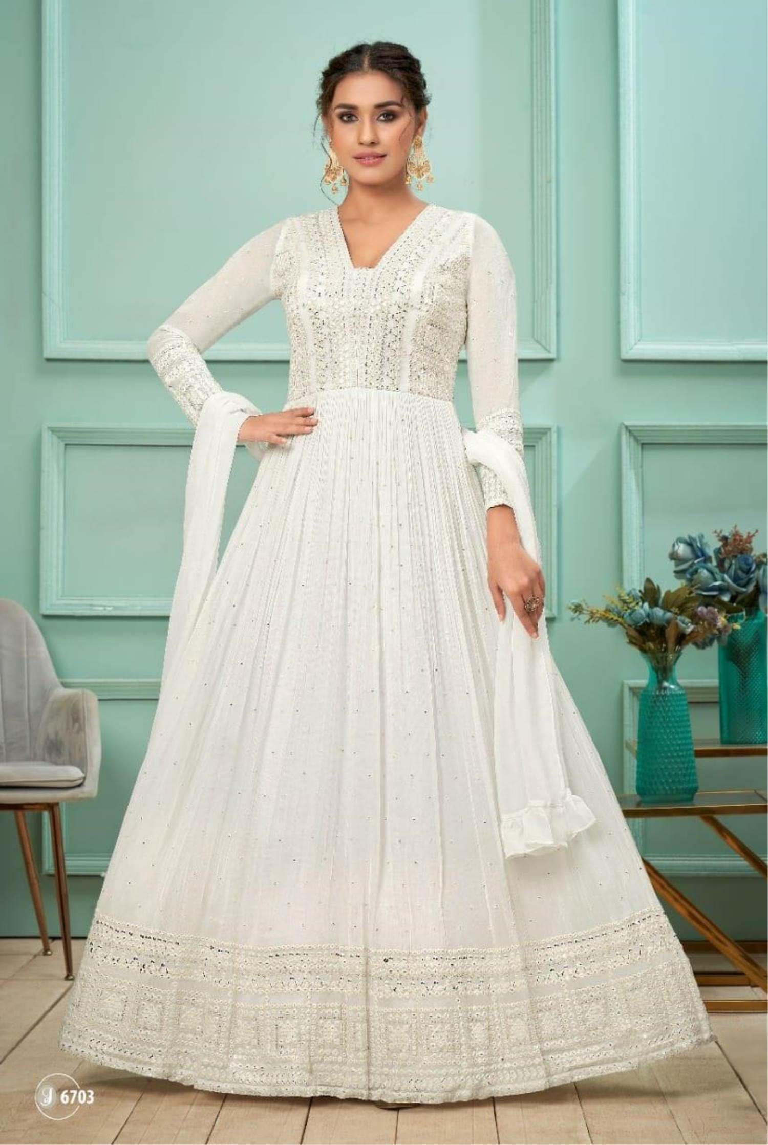White Embroidery Work Readymade Anarkali Gown