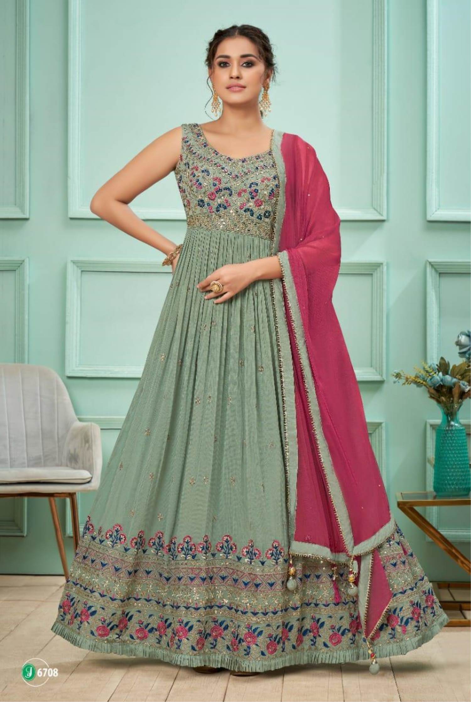 Designer Sea Green Party Gown – Sulbha Fashions