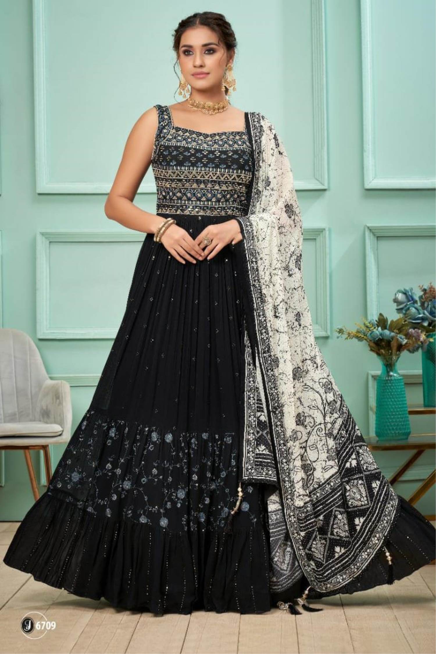 Beautiful Work Double Shaded Black Color Gown - Clothsvilla