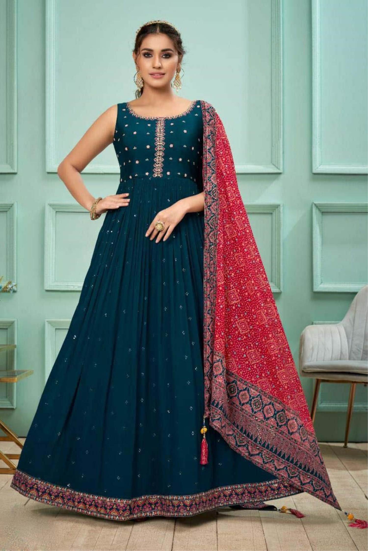 Buy Ladies Unstitched Dress Material Online|Navy Blue and Peacock Green  Embroidered Unstitched Dress Material|Lovely Wedding Mall