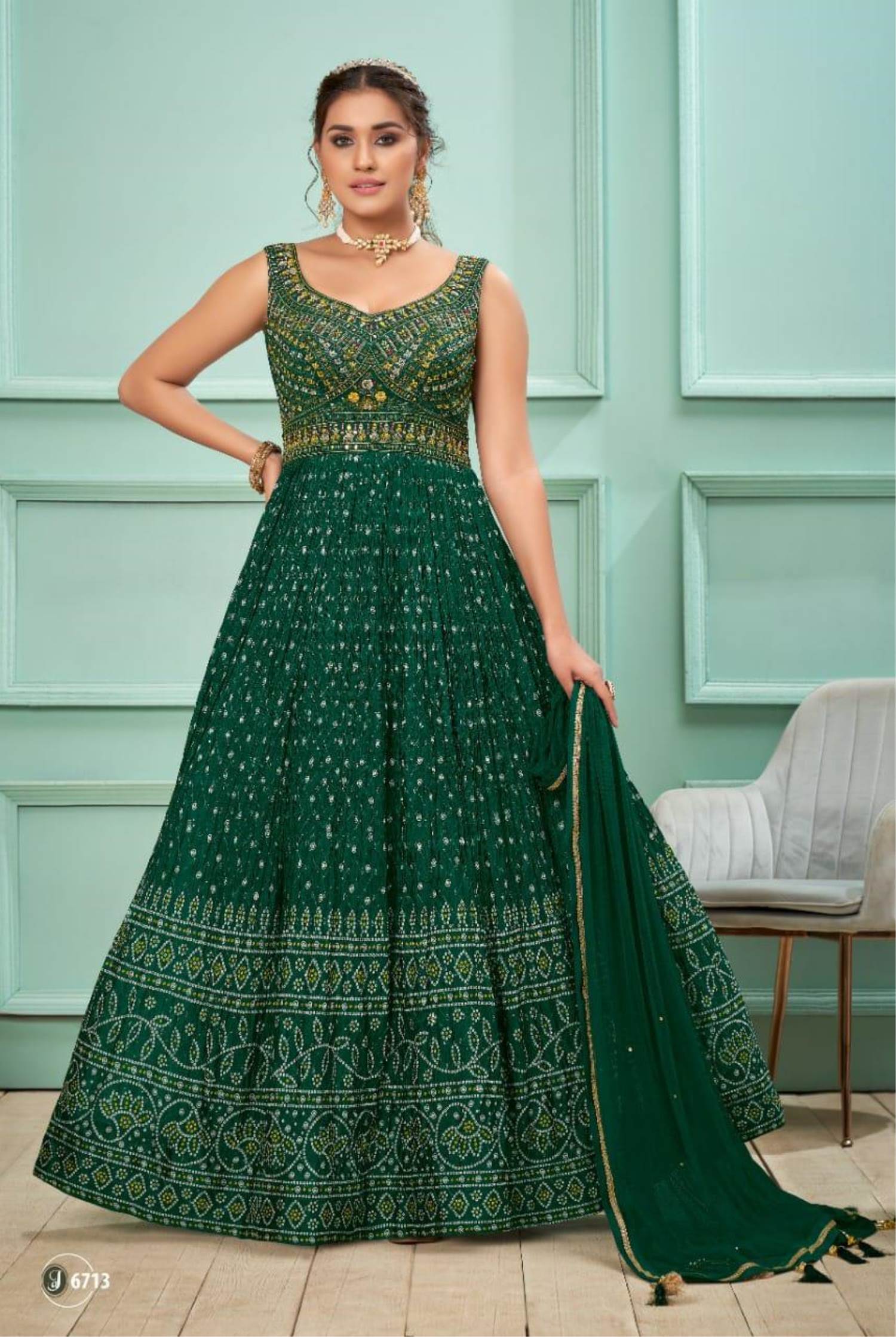 Dark Green Color Sleeveless Gown Dress For Raksha Bandhan