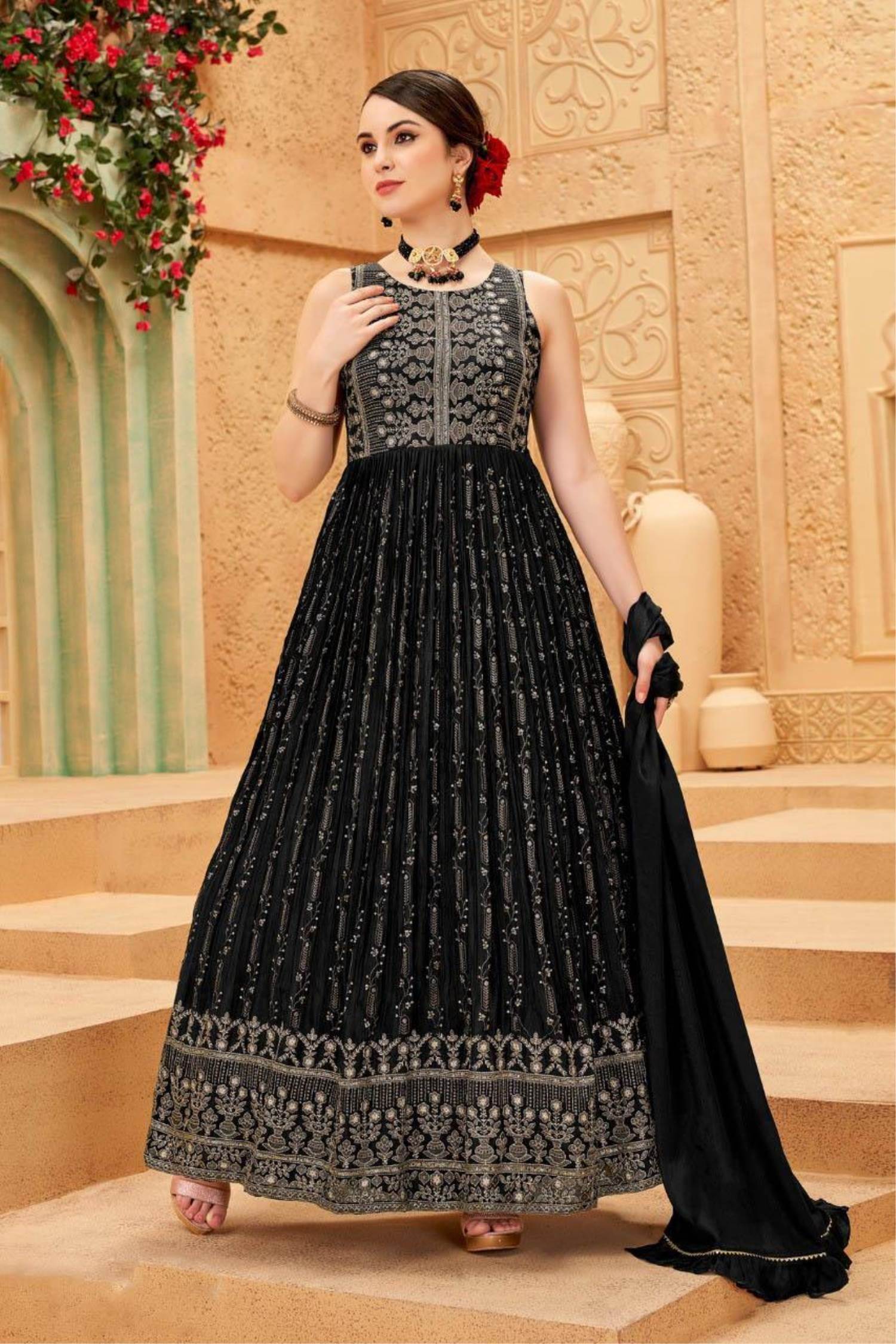 Buy Embroidered Gerogette Party Wear Anarkali Suit In Black Colour Online -  LSTV06065 | Andaaz Fashion
