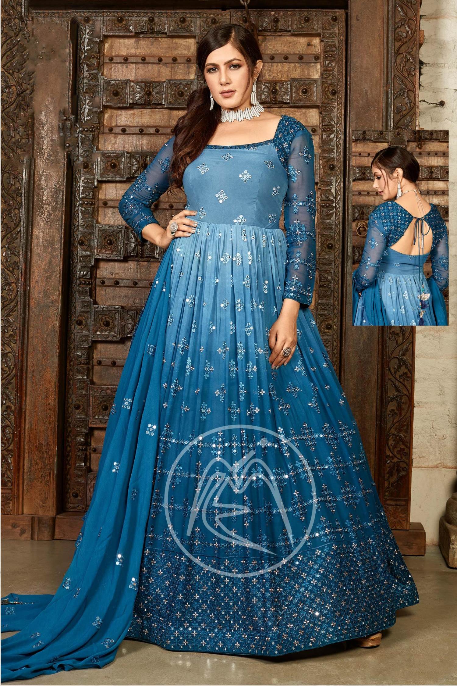 Embroidered Silk Gown Dress in Sky blue UK - GW0418