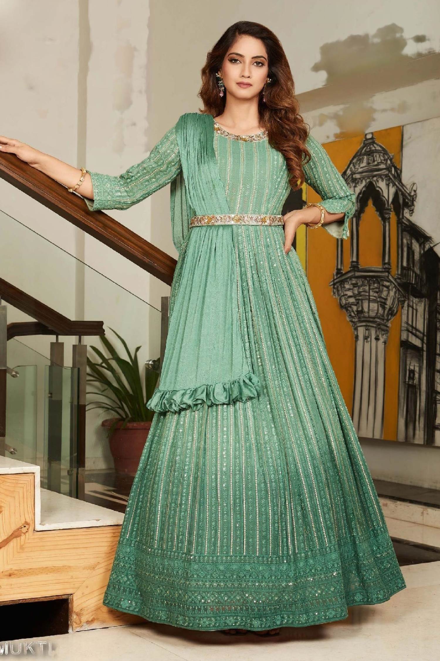 Buy Sea Green Designer Printed Readymade Party Wear Gown For Girls | Gowns