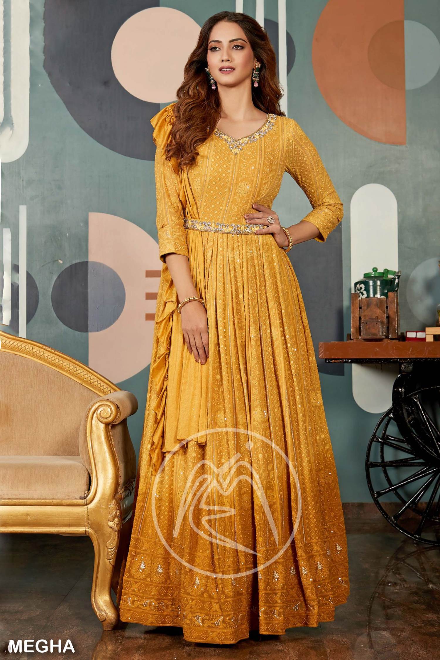 Fancy Gown With Belt For Beautiful Girls And Womens Stitched Georgette  Heavy Crush Gowns No Dupatta