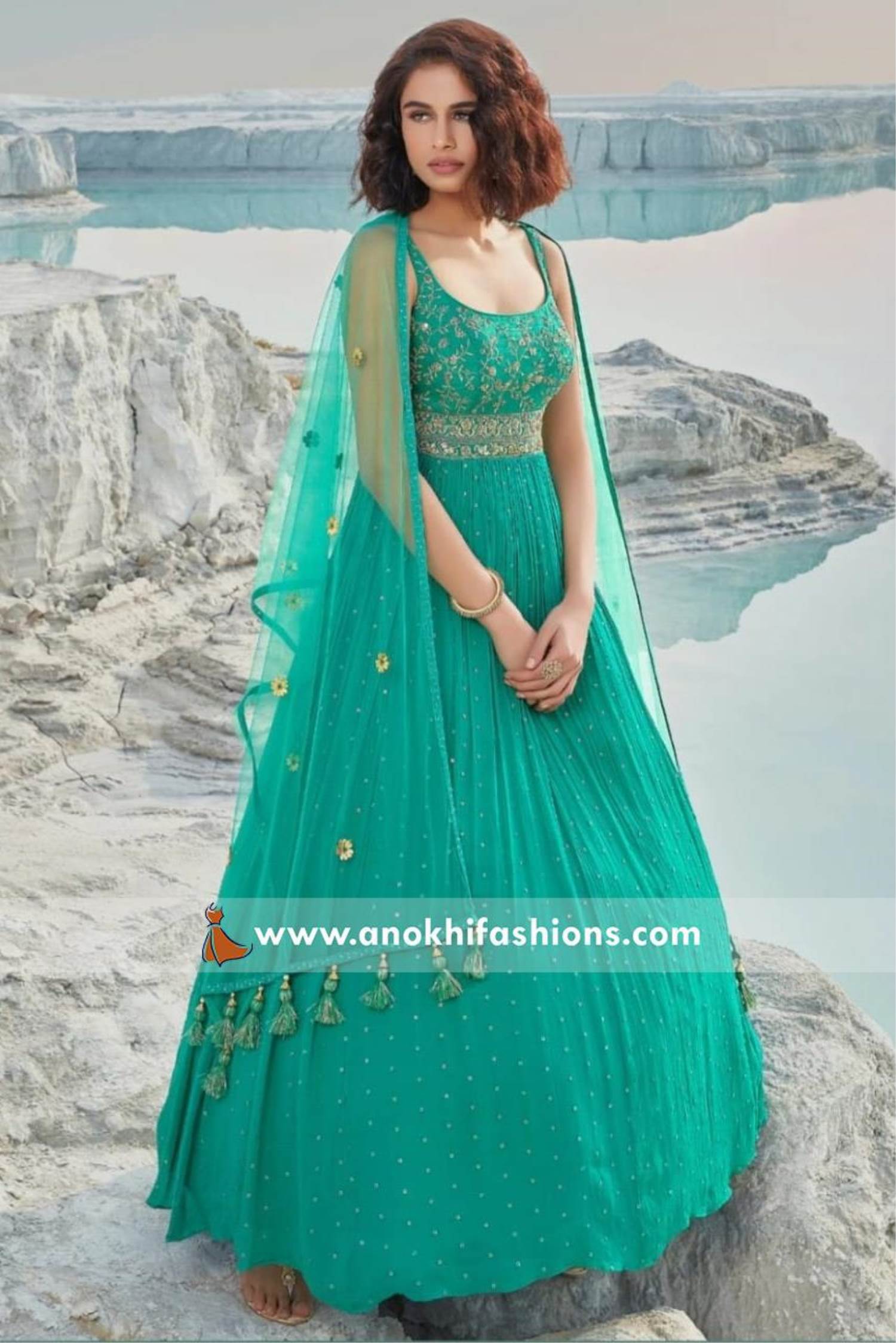 Enthralling Sea Green Digital Print Muslin Gown