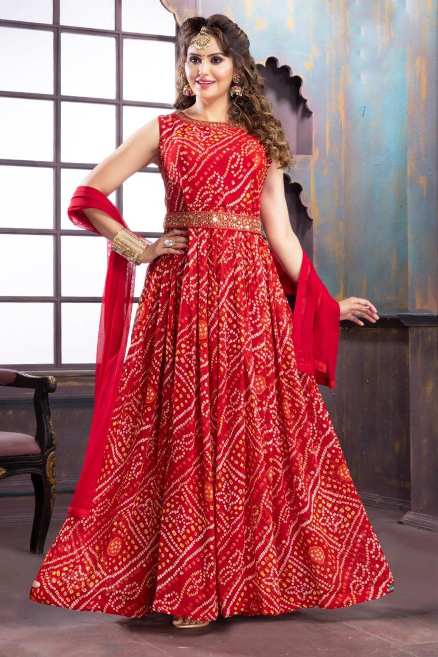 Gown : Red rayon sequence work party wear gown