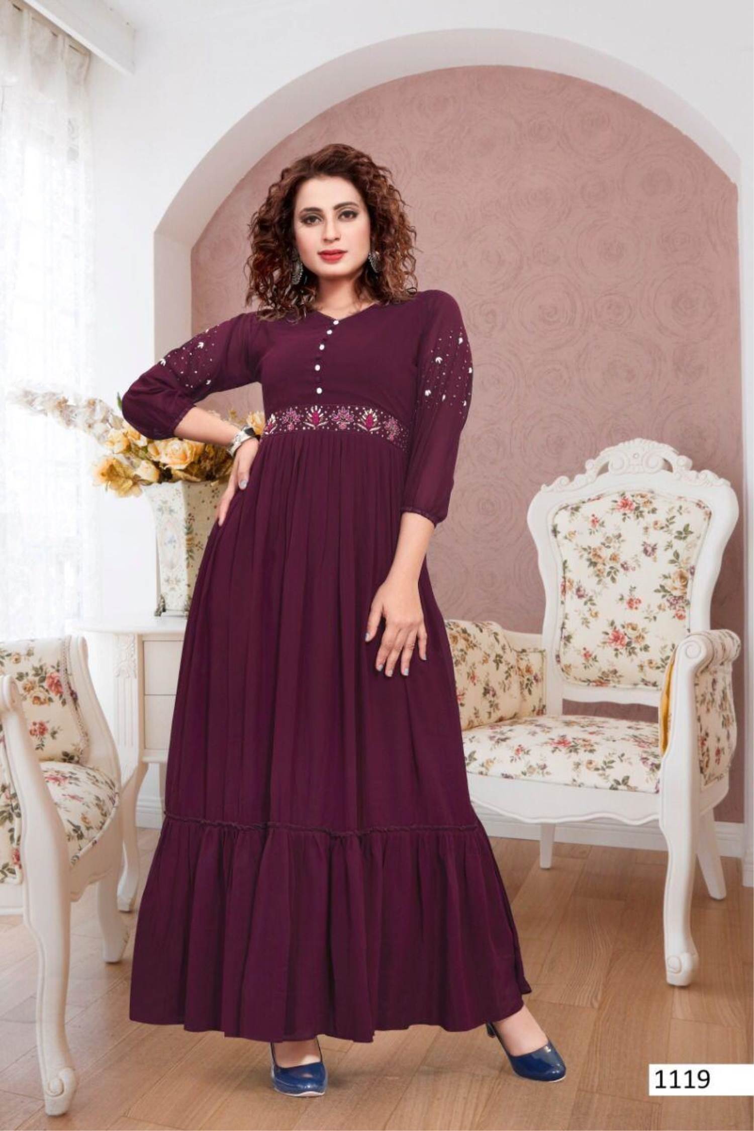 Wine Embroidered Georgette Partywear Gown
