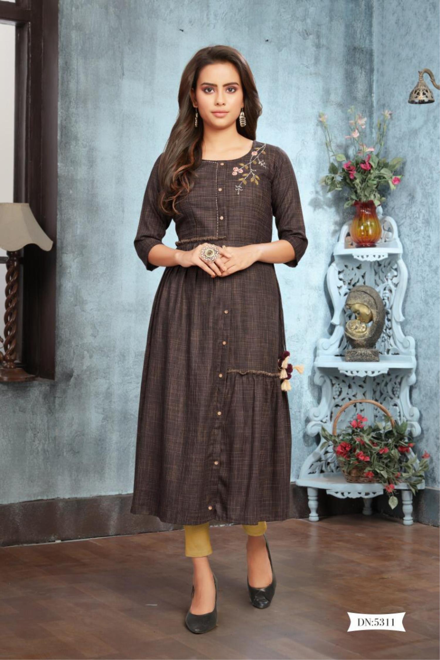 Daily Wear Kurti For Girls With High Quality Reyon And Foil Print  Brown 