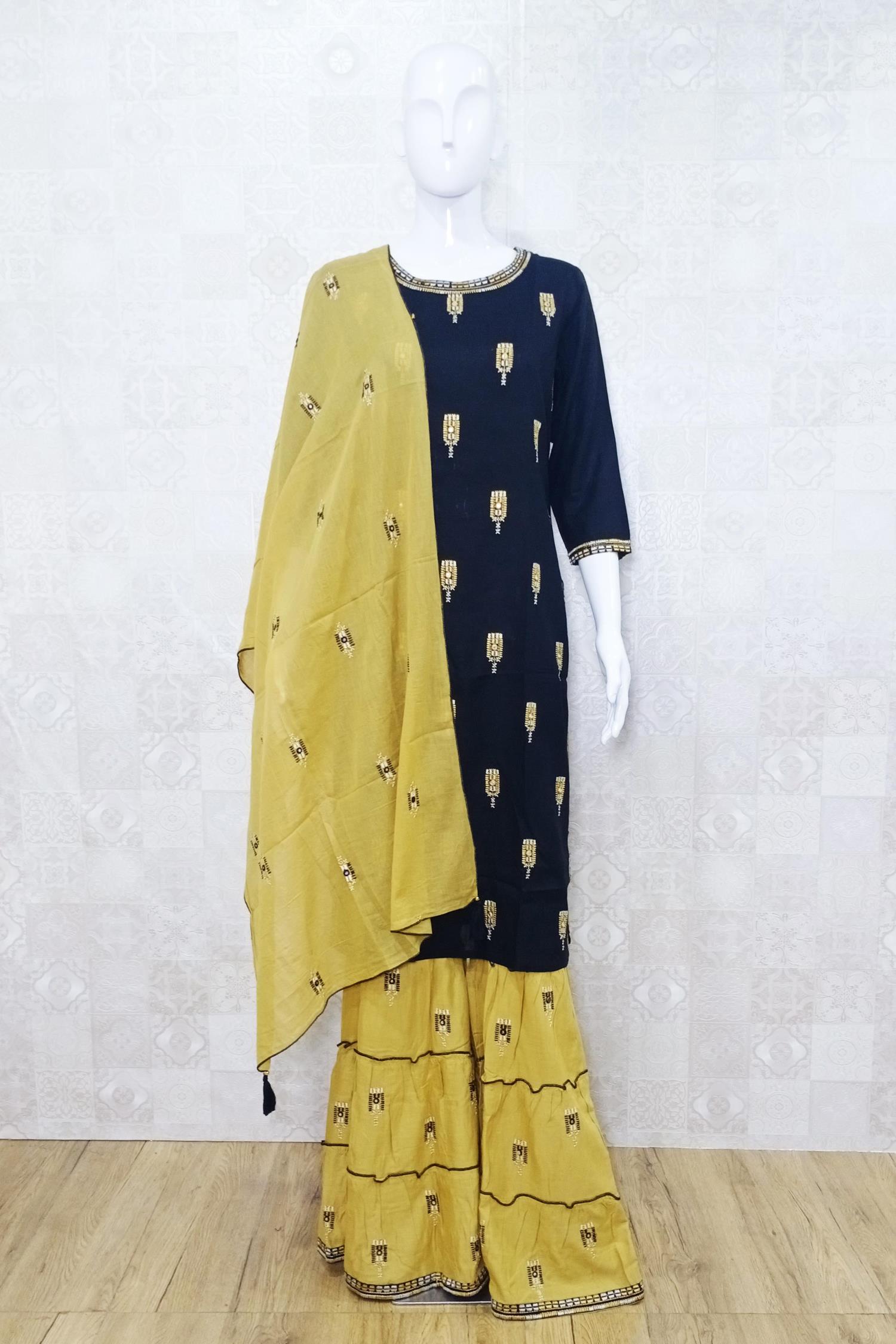 Black and Yellow Color Combination Kurti with Gharara Set :: ANOKHI FASHION