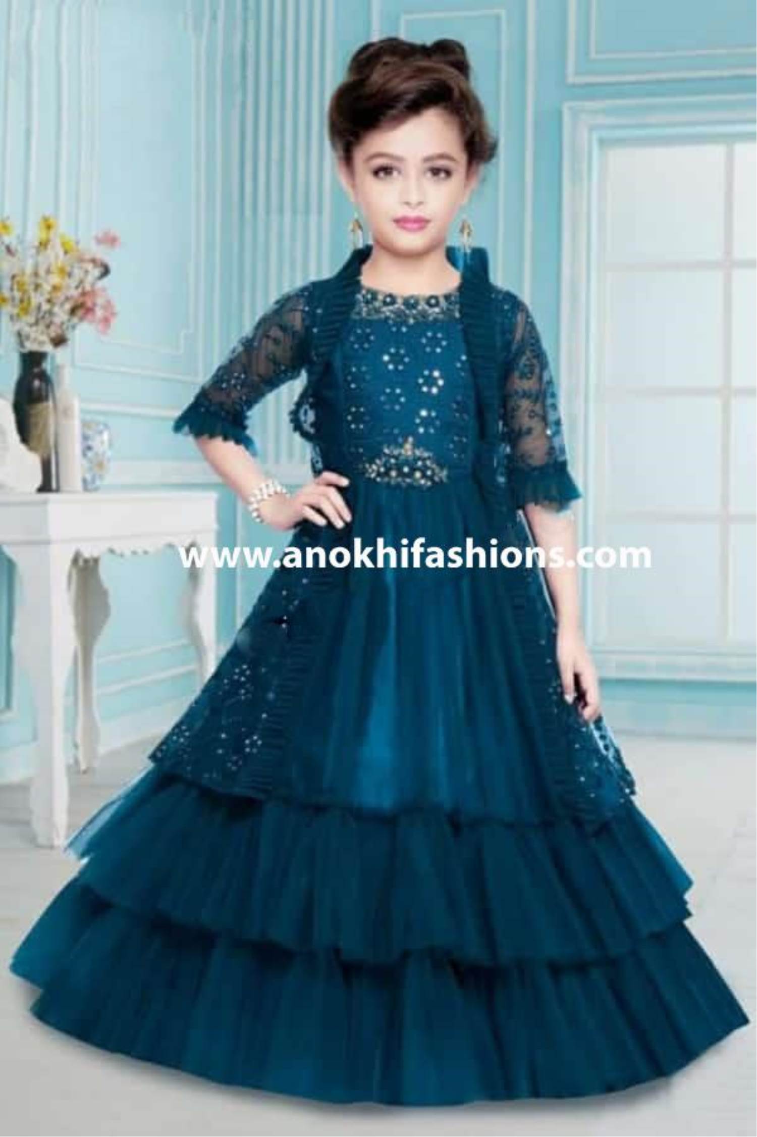 HAVY SOFT NET FIROZI COLOR SEMISTICHED CHAINSTICHE EMBROIDERED GOWN FOR  WOMANS Color: Blue Fabric: Net Type: Semi Stitched Style: Embroidered  Design Type: Indo-western Sleeve Length: Sleeveless Occasion: Wedding  Sleeve Style: Cap Sleeve