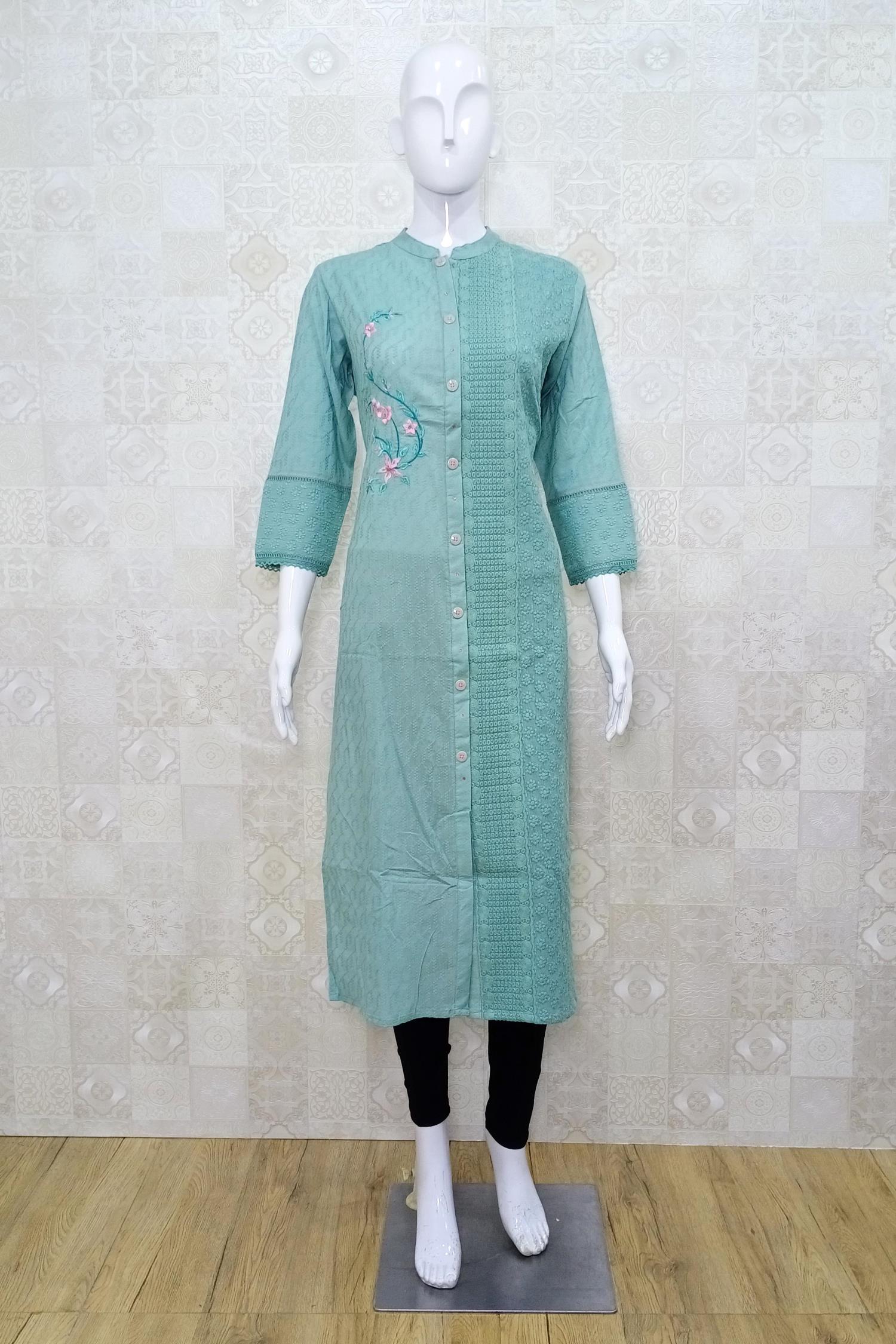 Sea Green Cotton Kurti with Self Thread Work main image 1