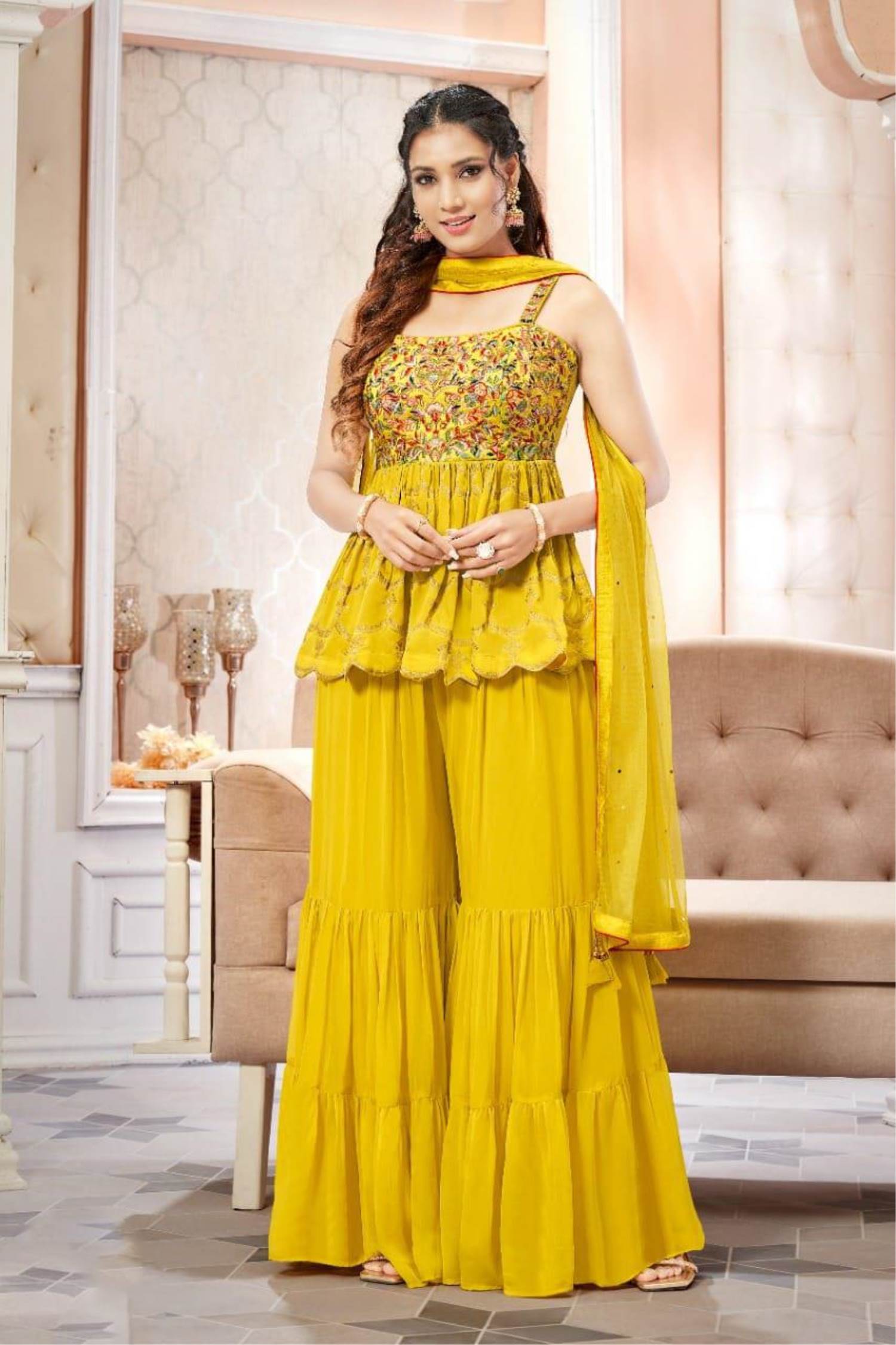 Occasion Wear Yellow Color Embroidered Western Gown In Net Fabric