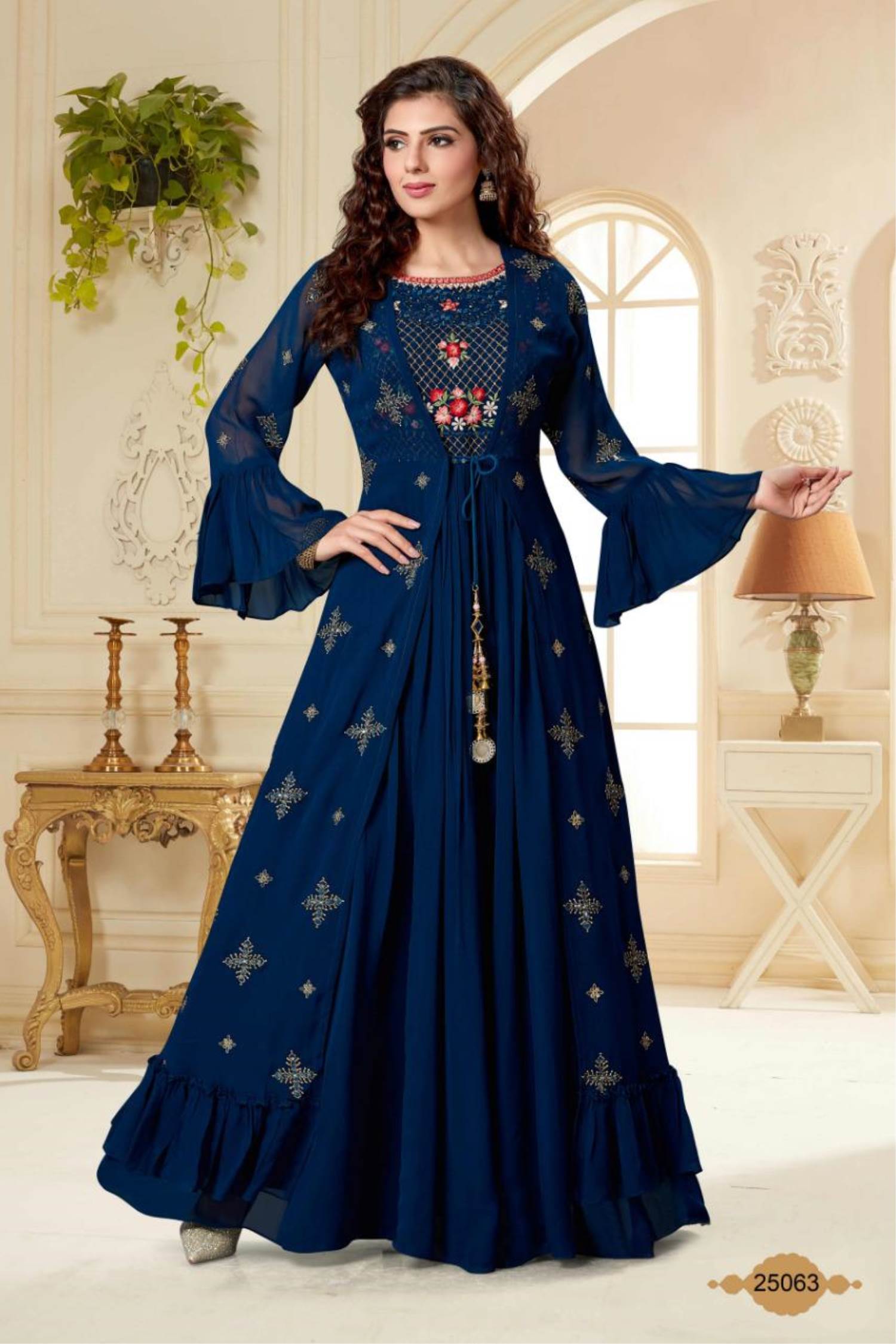 Buy Alluring Navy Blue Color Full Stitched Italian Silk Digital Printed Gown  | Lehenga-Saree