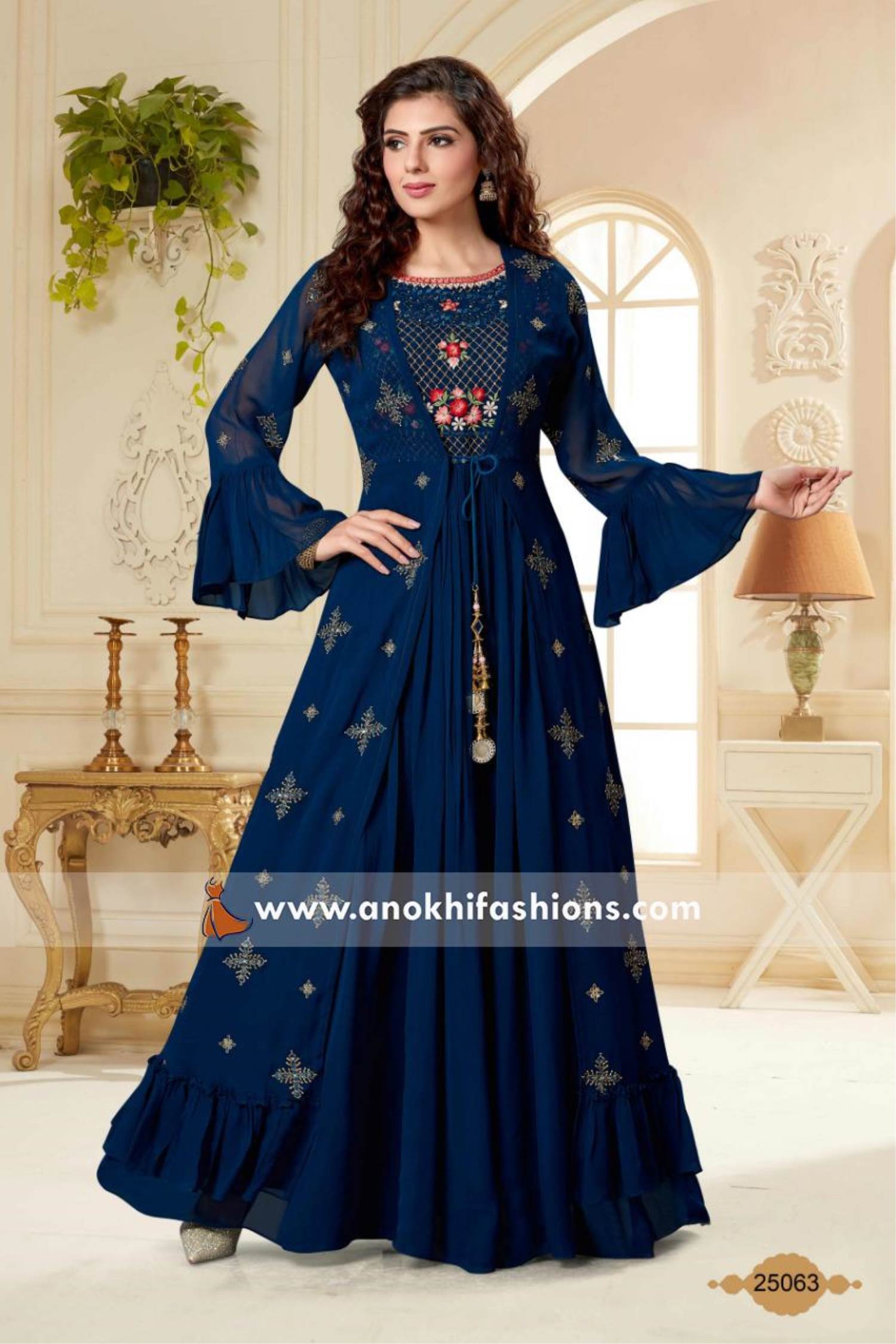 Peacock Blue Stone and Zarodsi work Long Gown for Girls – Seasons Chennai