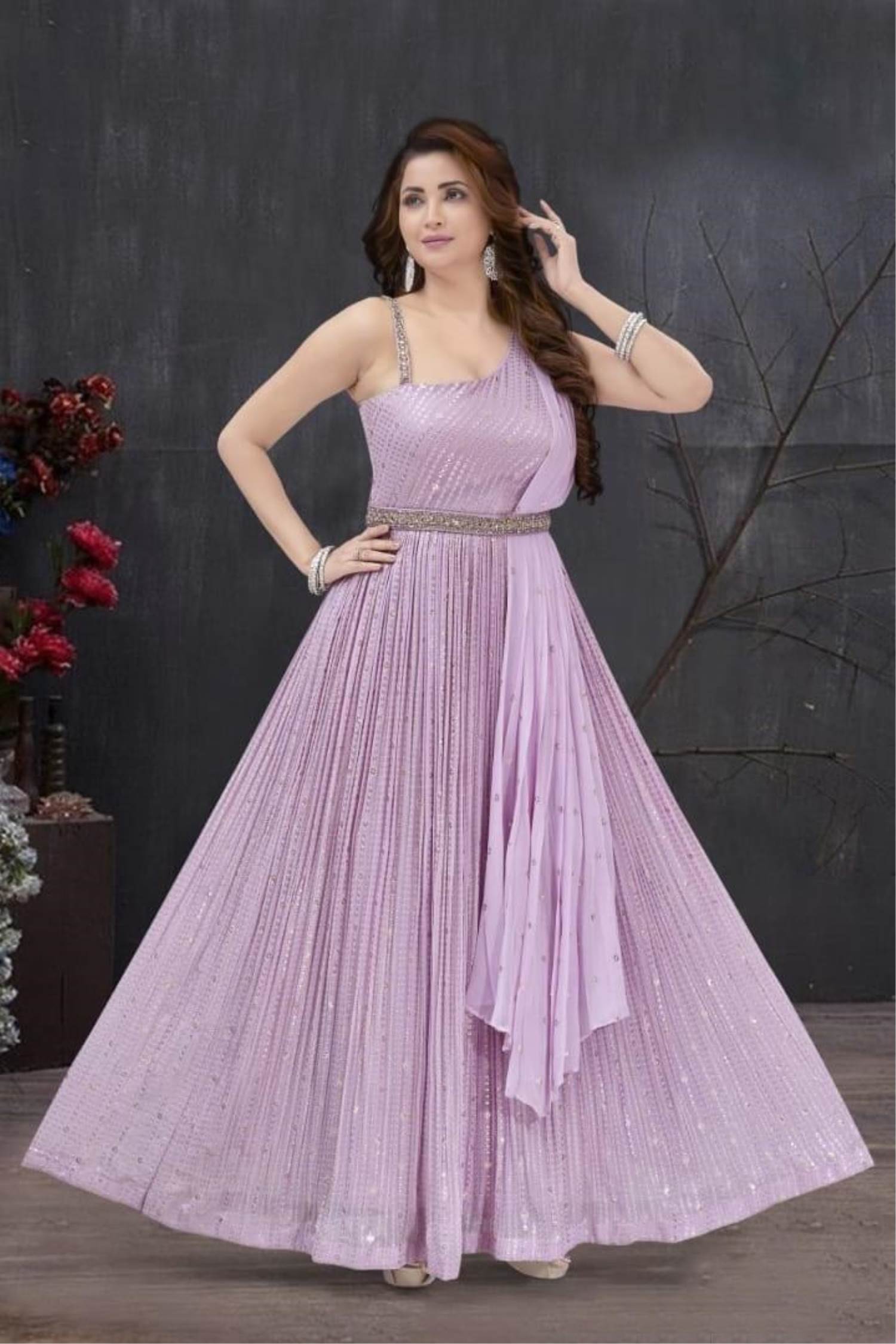 Pure Butterfly Net With Heavy Coding Work And Stone Work Anarkali Gown Light  Pista Color SN DN 2085